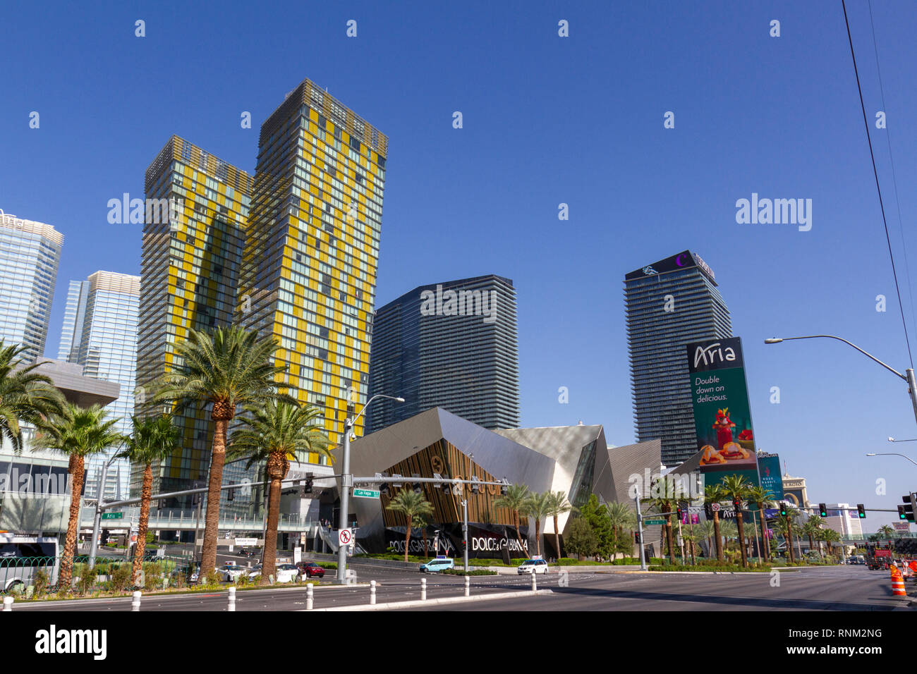Skyline view of (L-R) the Aria hotel, Veer Towers residences, Dolce & Gabana store, and the Cosmopolitan, Las Vegas, Nevada, United States. Stock Photo