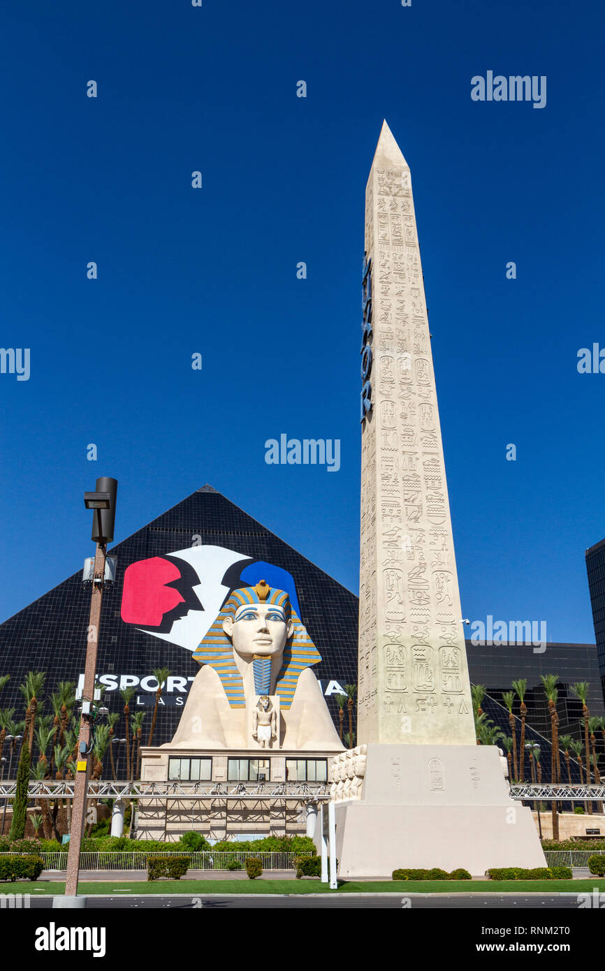 The Sphinx and obelisk outside the Luxor Hotel, Las Vegas (City of Las Vegas), Nevada, United States. Stock Photo