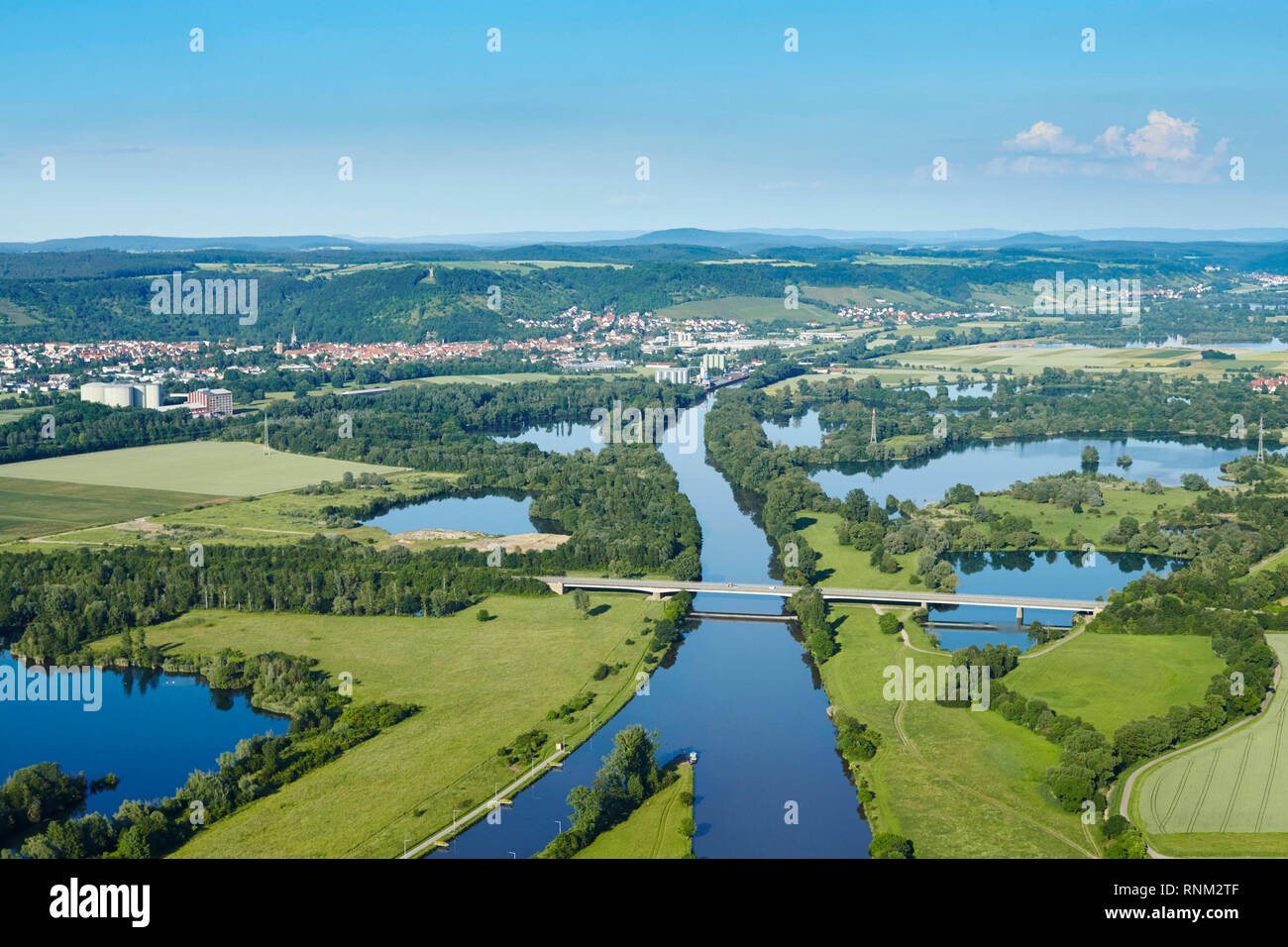 Car bridge over the river Main near the municipality Knetzgau, seen from the air. In the background the town Zeil am Main. Bavaria, Germany Stock Photo