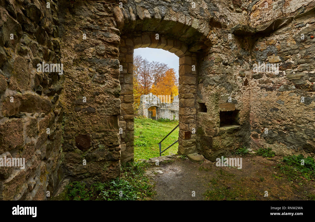 Ruin of Bramberg Castle in autumn. Lower Franconia, Bavaria, Germany Stock Photo