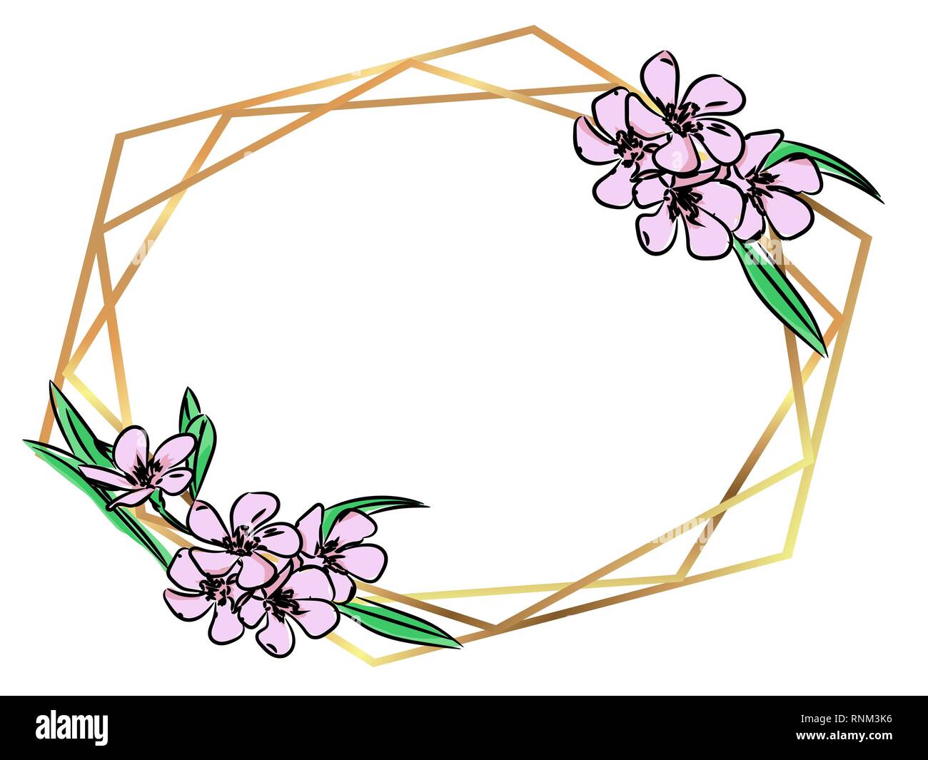 Gold polygonal modern card with flowers. Floral frame design. Triangles and geometric shapes. Vector illustration. Isolated on white background Stock Vector