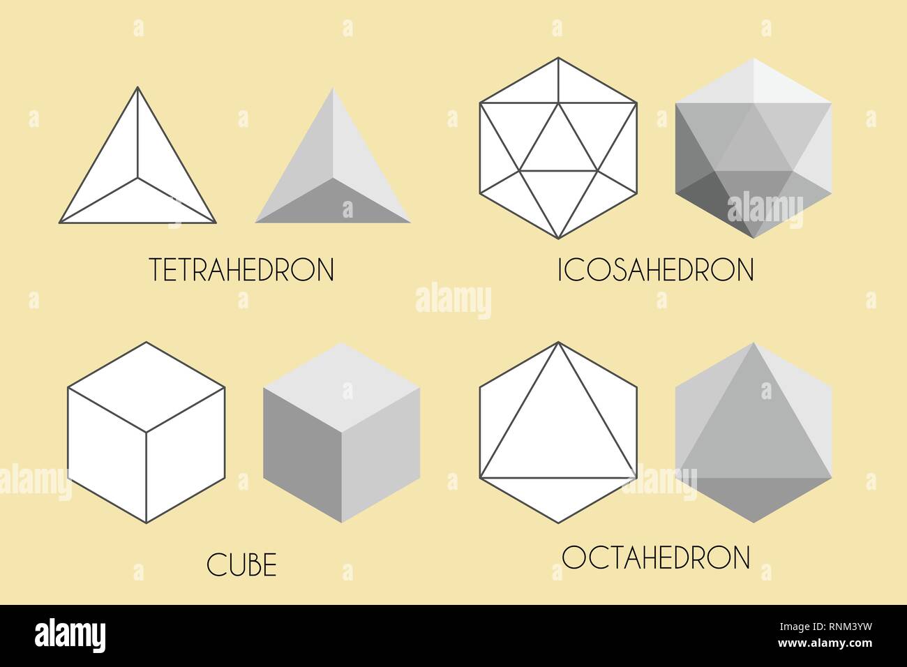 Four Platonic solids. Sacred geometry vector illustration. Stock Vector