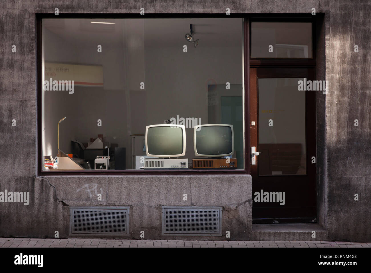 shop window with two old Wega Vision 3000 L televisions from the 60s, Cologne, Germany.  Schaufenster mit zwei alten Wega Vision 3000 L Fernsehern aus Stock Photo