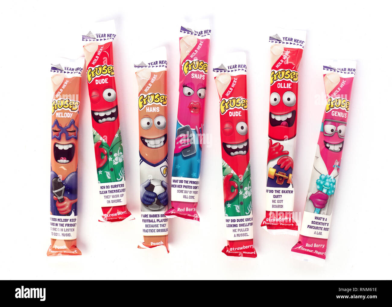 Frubes, kids yoghurt pouches in various flavours Stock Photo