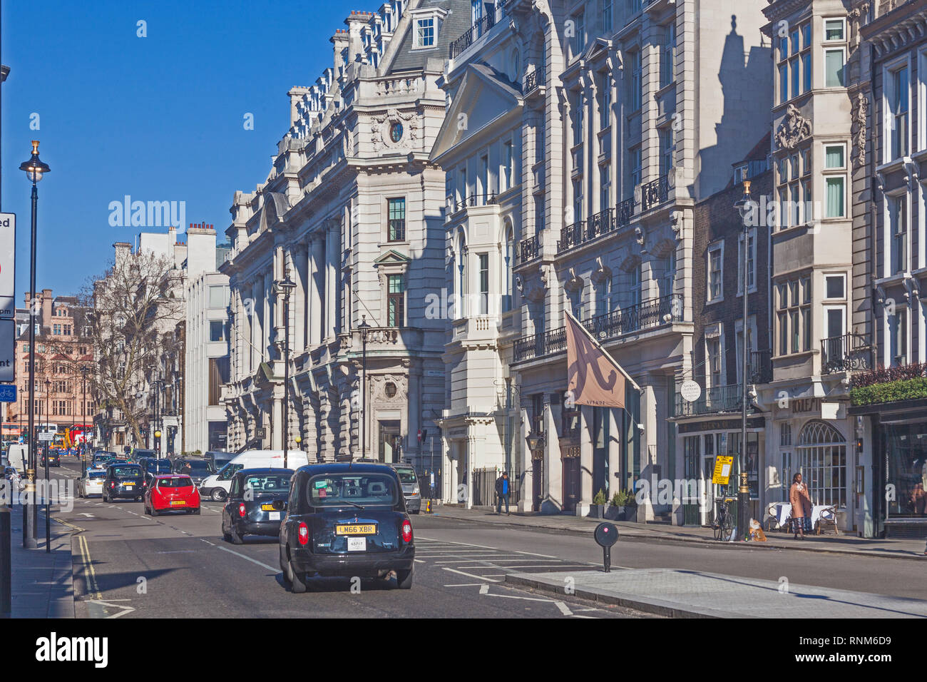 London, St James's. The eastern side of St James's Street, home of exclusive shops and gentlemen's clubs. Stock Photo
