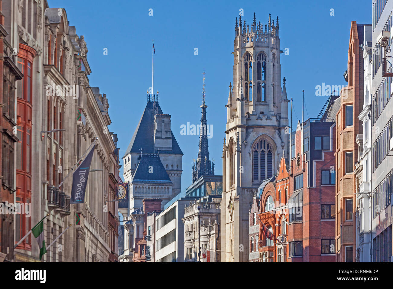 City of London. A view of Fleet Street looking towards the Strand, with the octagonal Perpendicular-style tower of St Dunstan-in-the-West prominent. Stock Photo