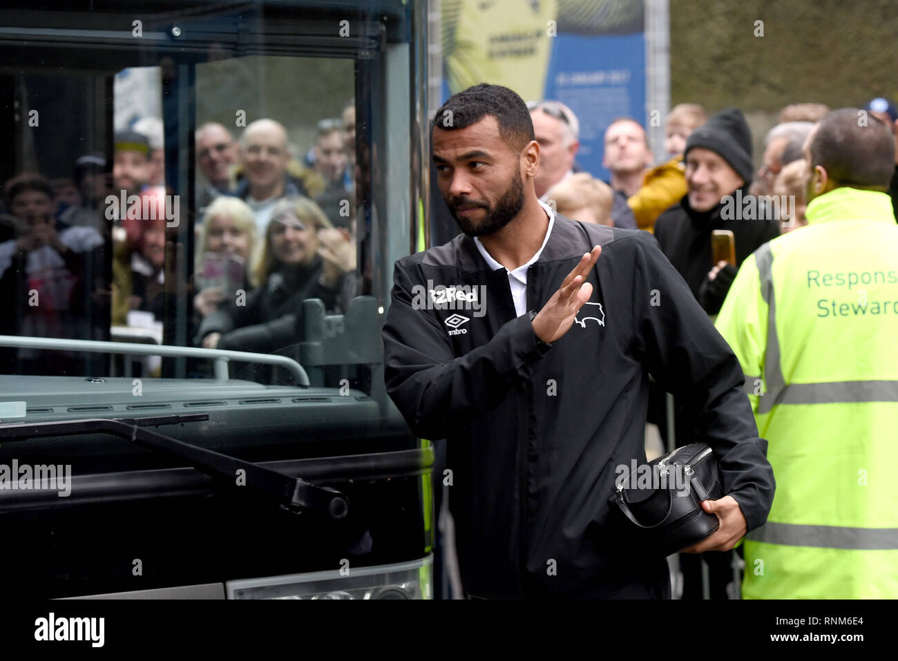 Ashley Cole of Derby arrives for the FA Cup 5th round match between Brighton & Hove Albion and Derby County at the American Express Community Stadium . 16 February 2019 Editorial use only. No merchandising. For Football images FA and Premier League restrictions apply inc. no internet/mobile usage without FAPL license - for details contact Football Dataco Stock Photo