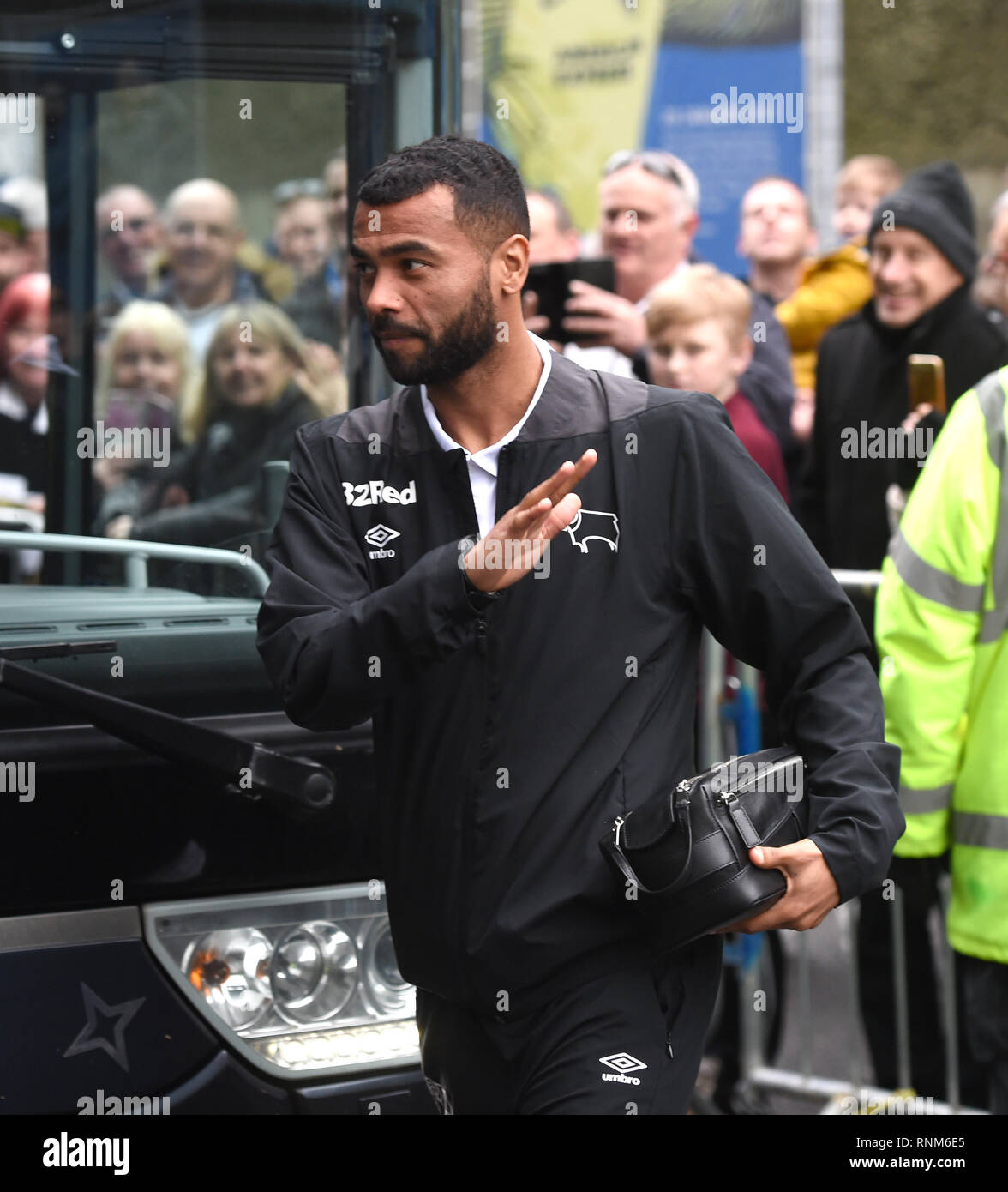 Ashley Cole of Derby arrives for the FA Cup 5th round match between Brighton & Hove Albion and Derby County at the American Express Community Stadium . 16 February 2019 Editorial use only. No merchandising. For Football images FA and Premier League restrictions apply inc. no internet/mobile usage without FAPL license - for details contact Football Dataco Stock Photo