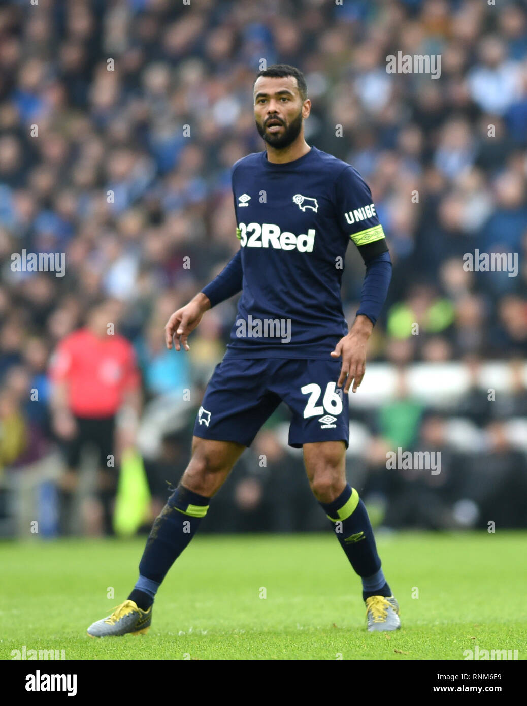 Ashley Cole of Derby during the FA Cup 5th round match between Brighton & Hove Albion and Derby County at the American Express Community Stadium . 16 February 2019 Editorial use only. No merchandising. For Football images FA and Premier League restrictions apply inc. no internet/mobile usage without FAPL license - for details contact Football Dataco Stock Photo