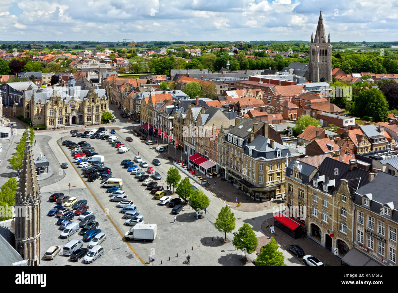 The Grote Markt in the city center of Ypres, West Flanders, Belgium, Europe. Stock Photo