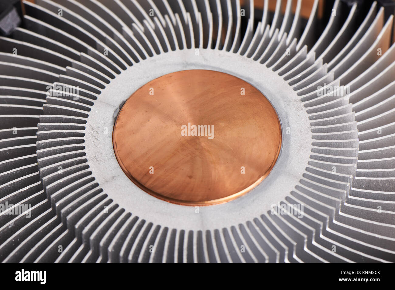 close-up of sleek copper heat sink of cpu cooling radiator Stock Photo