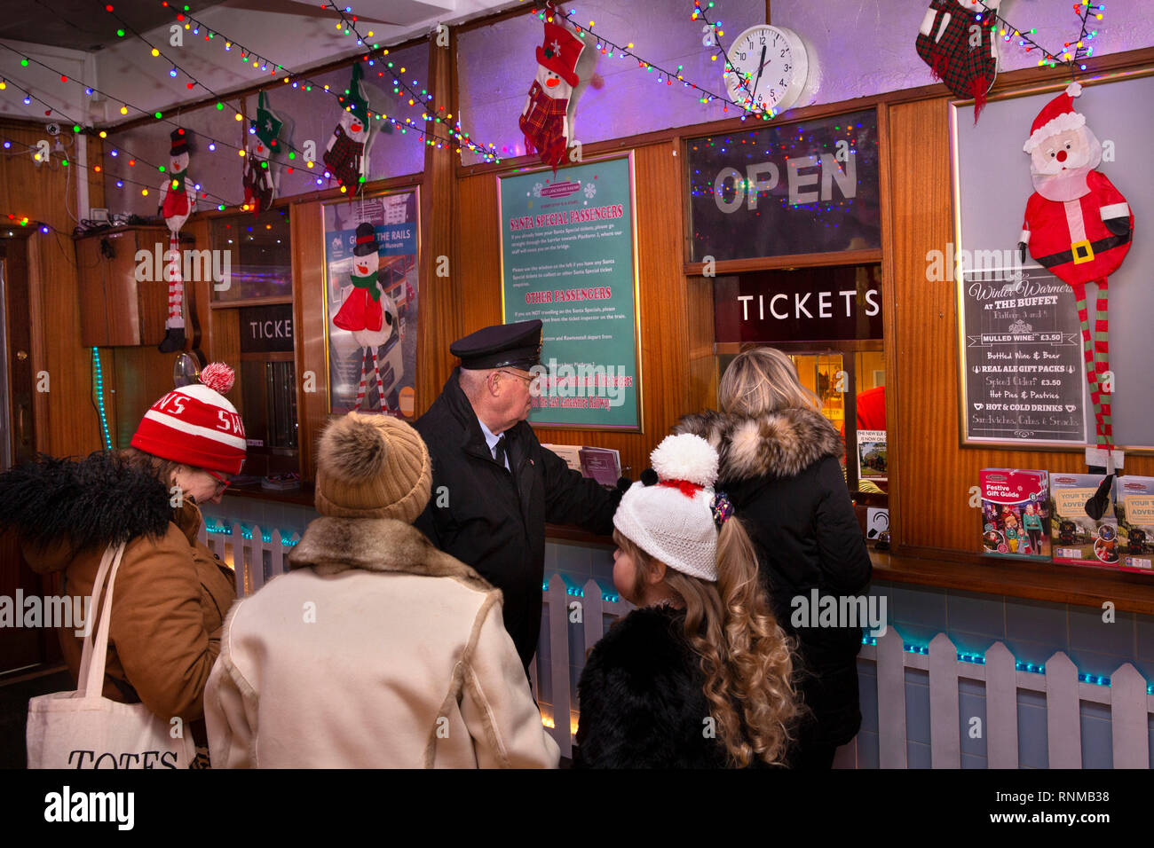 UK, England, Lancashire, Bury, Bolton Street Station of East Lancashire Railway, ticket booth at Christmas for Santa Special trains Stock Photo