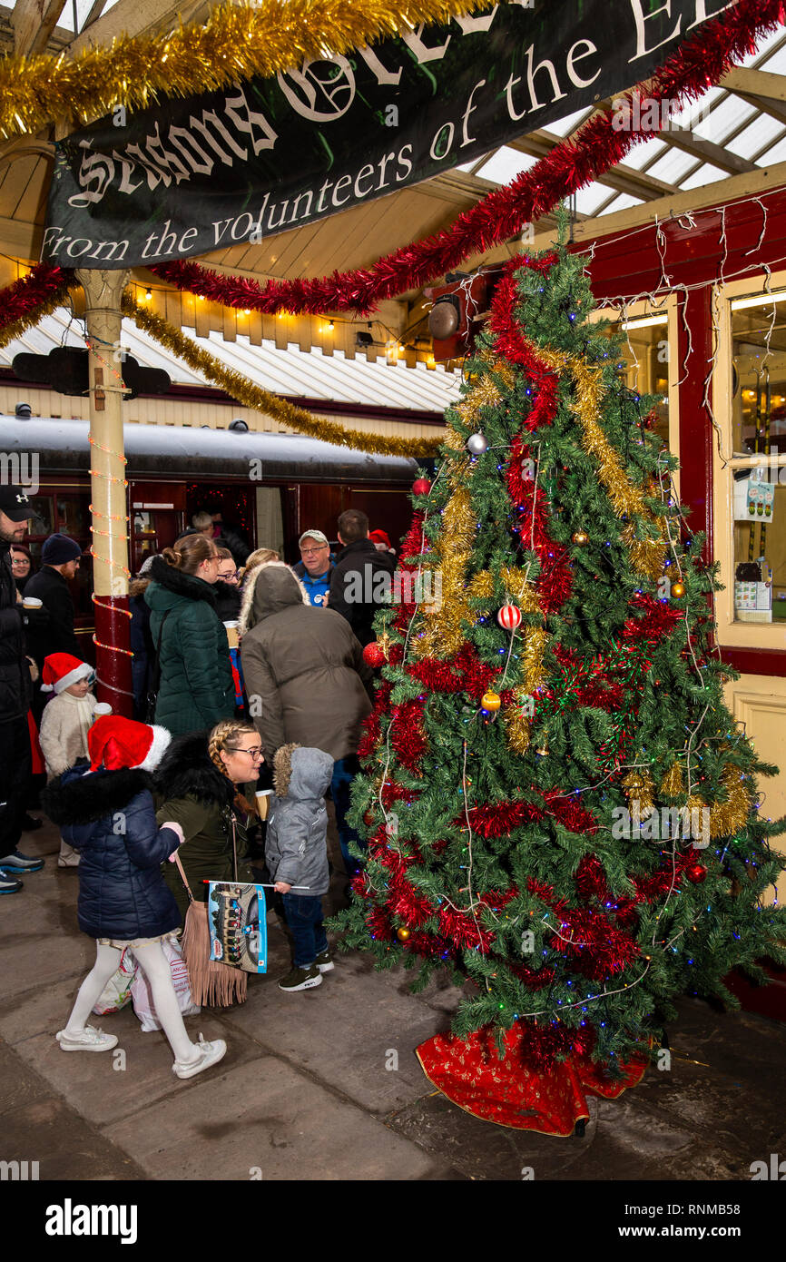 UK, England, Lancashire, Bury, East Lancashire Railway Bolton Street Station, Santa Special Christmas tree on platform Stock Photo