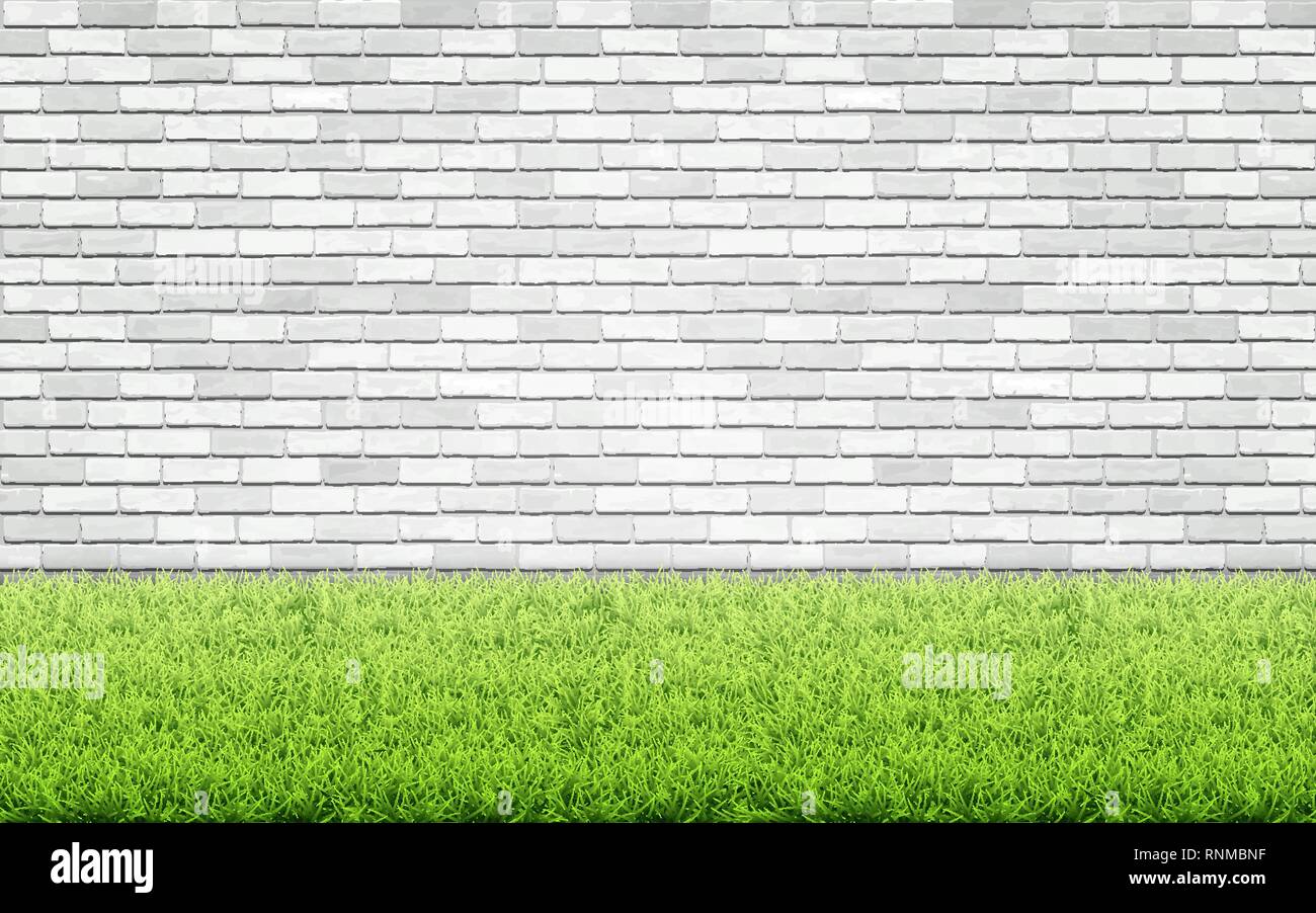 Grass lawn and white brick wall. Spring card. Stock Vector