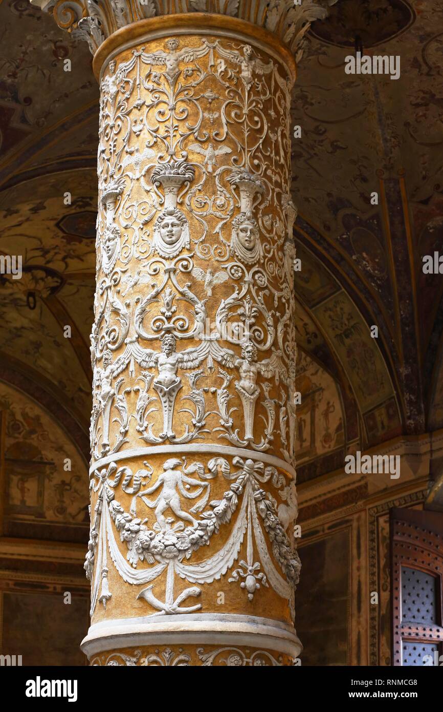 Artfully decorated column in Palazzo Vecchio, Florence, Tuscany, Italy Stock Photo
