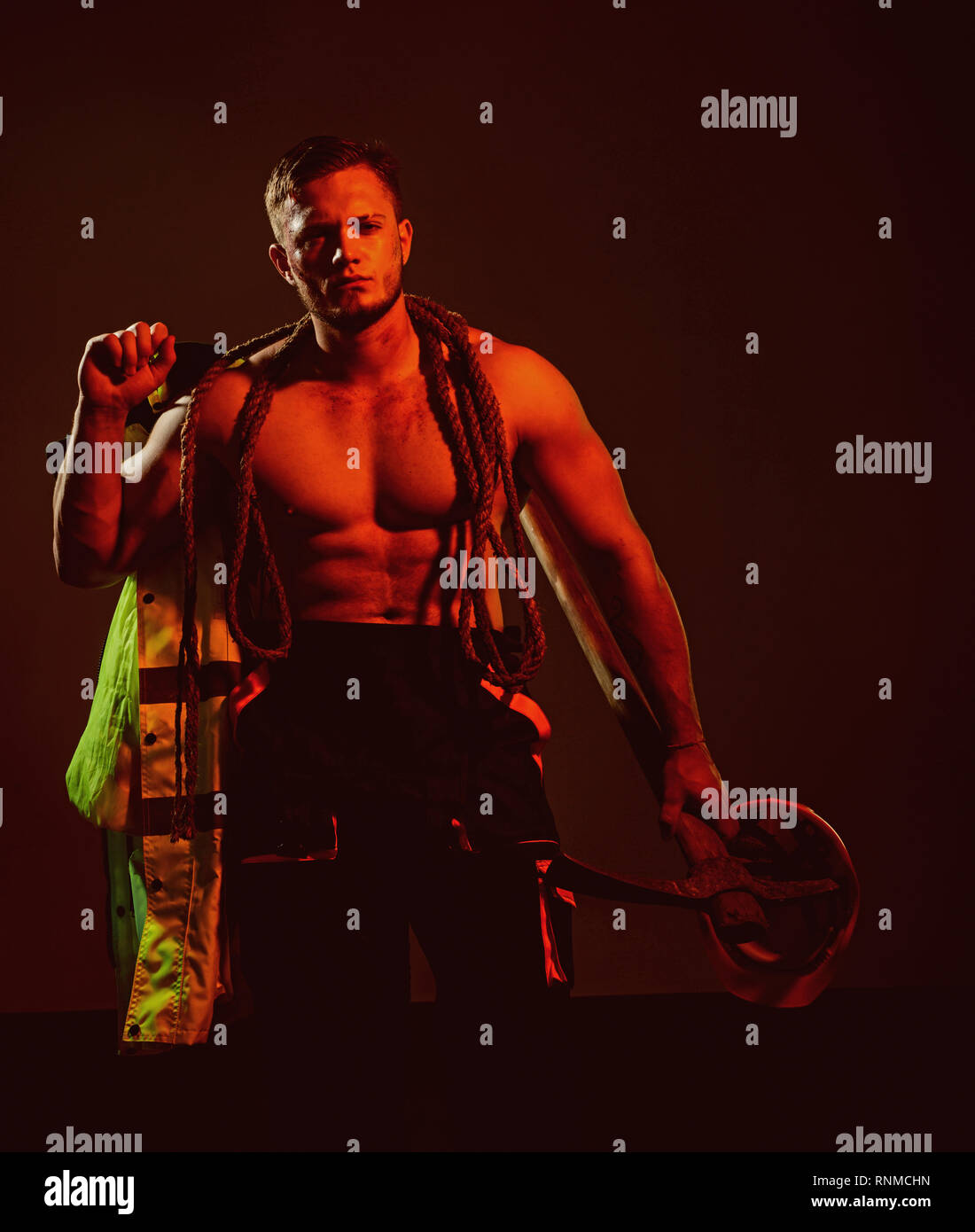 Actually, under construction. Hard worker with muscular torso. Muscular ...