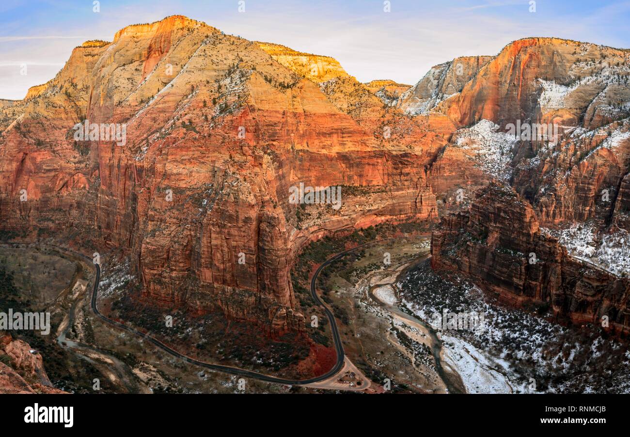 View from Angels Landing Trail in to Big Bend, Virgin River and Zion Canyon, Angels Landing, in winter, mountain landscape Stock Photo