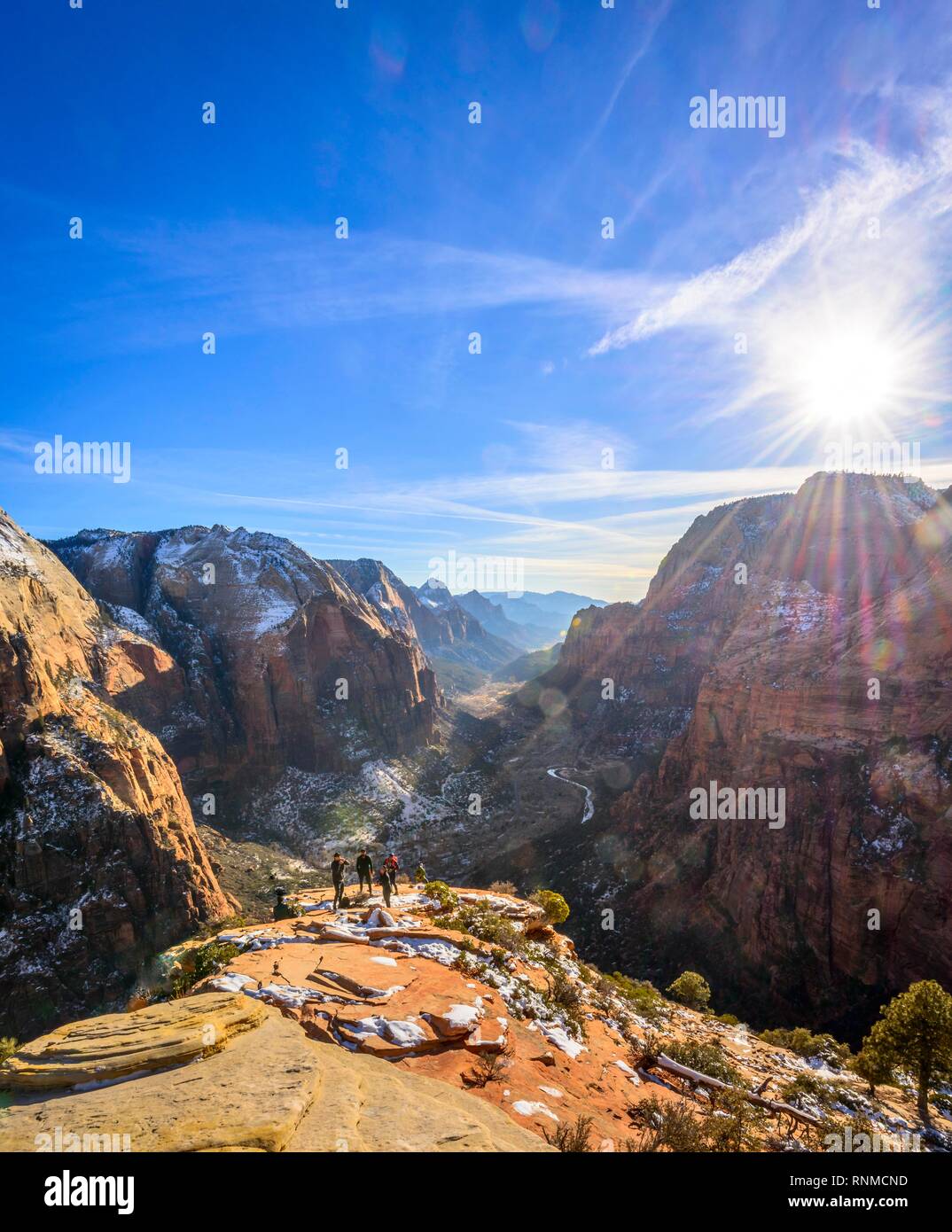 View from Angels Landing to Zion Canyon, Angels Landing Trail, in winter, mountain landscape, Zion National Park, Utah, USA Stock Photo