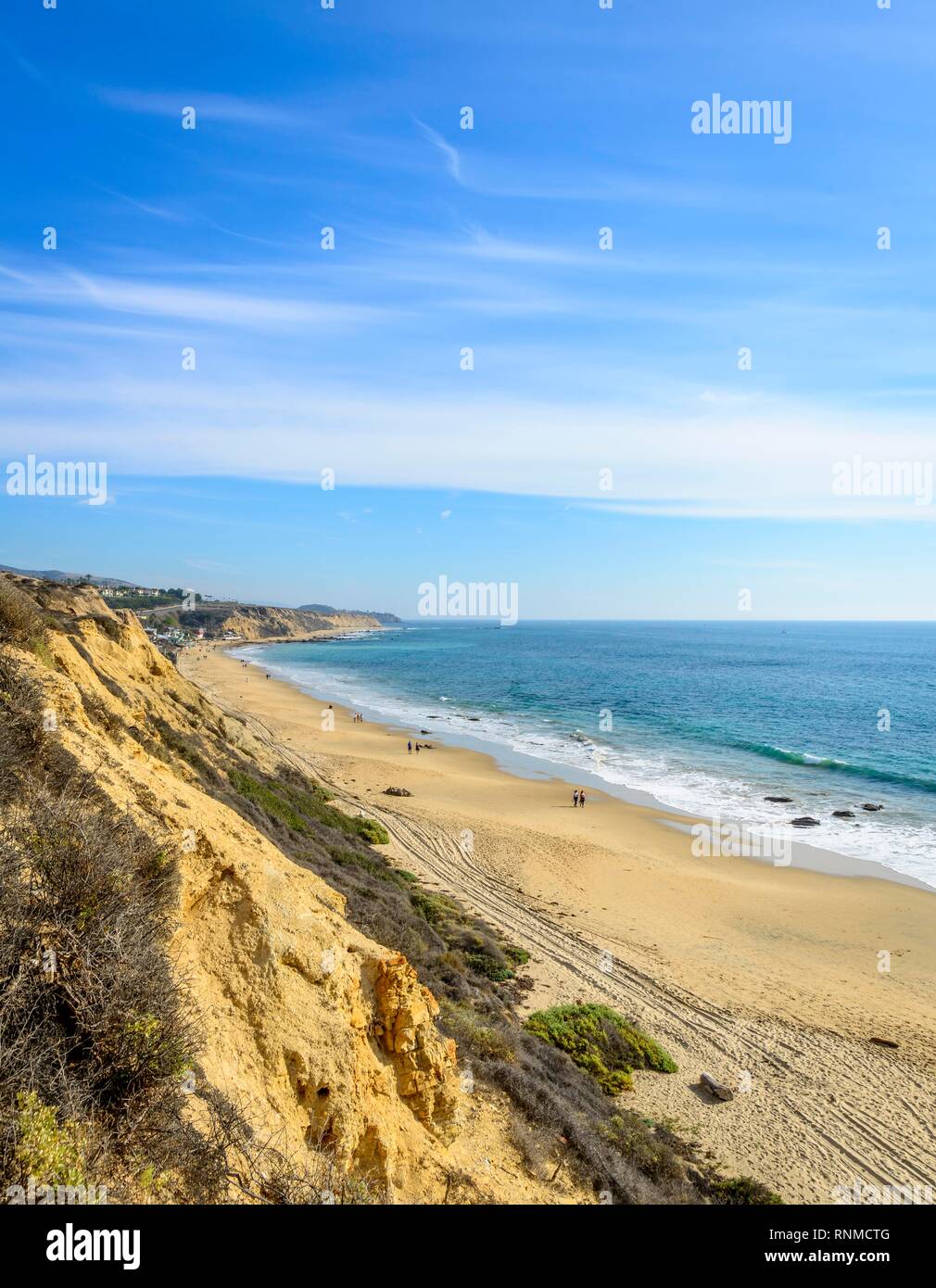 View of the sandy beach from Vista Point, Pelican Point, coastal reserve, Crystal Cove State Park, Orange County, California Stock Photo