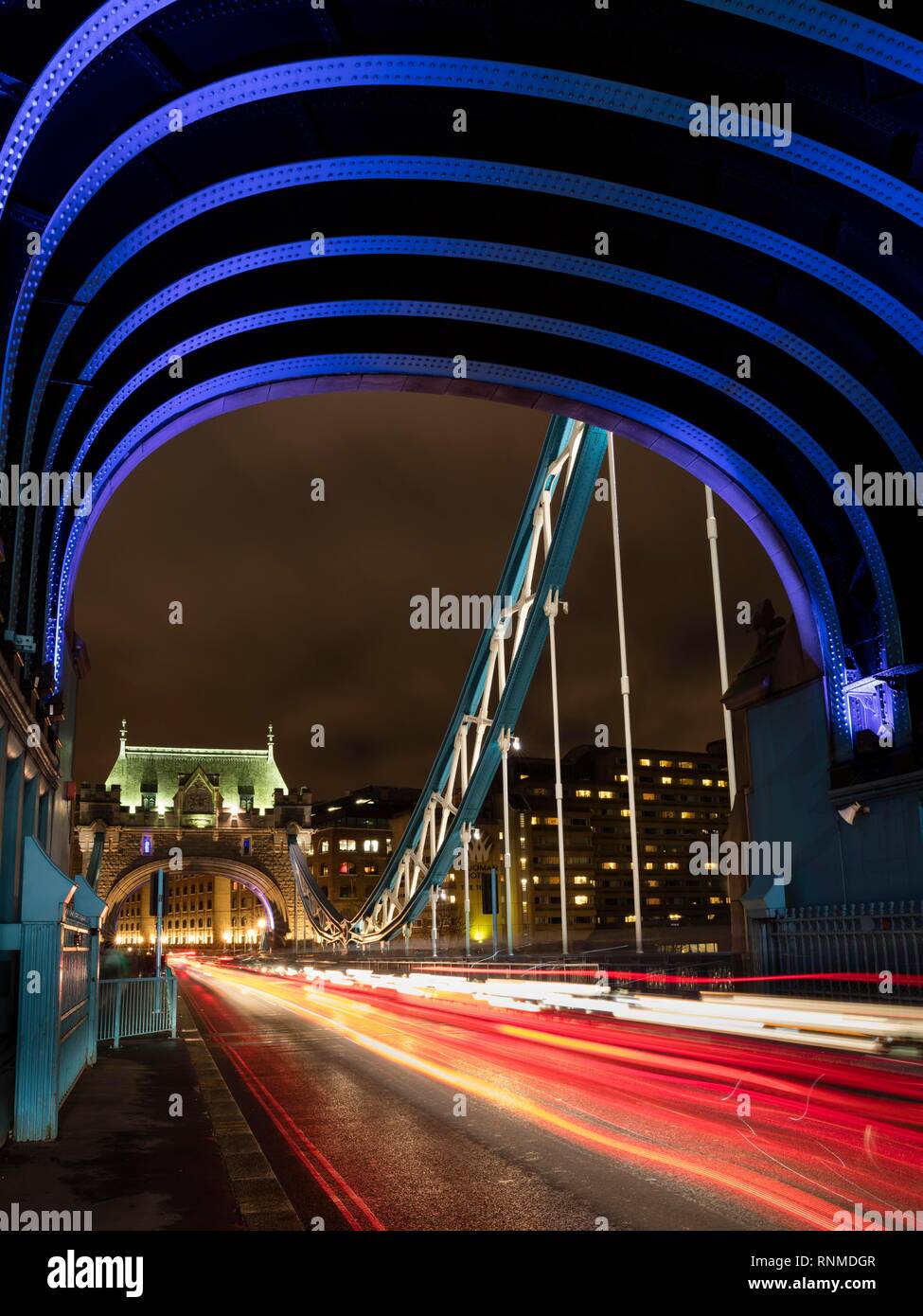 Tower Bridge, light tracks, night scene, London, England, Great Britain Stock Photo