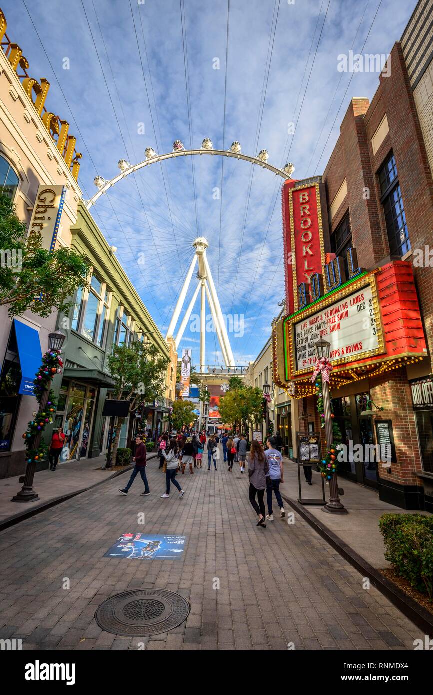 Shops at the shopping street The Linq Promenade, behind The High Roller, Ferris wheel, Las Vegas, Nevada, USA Stock Photo