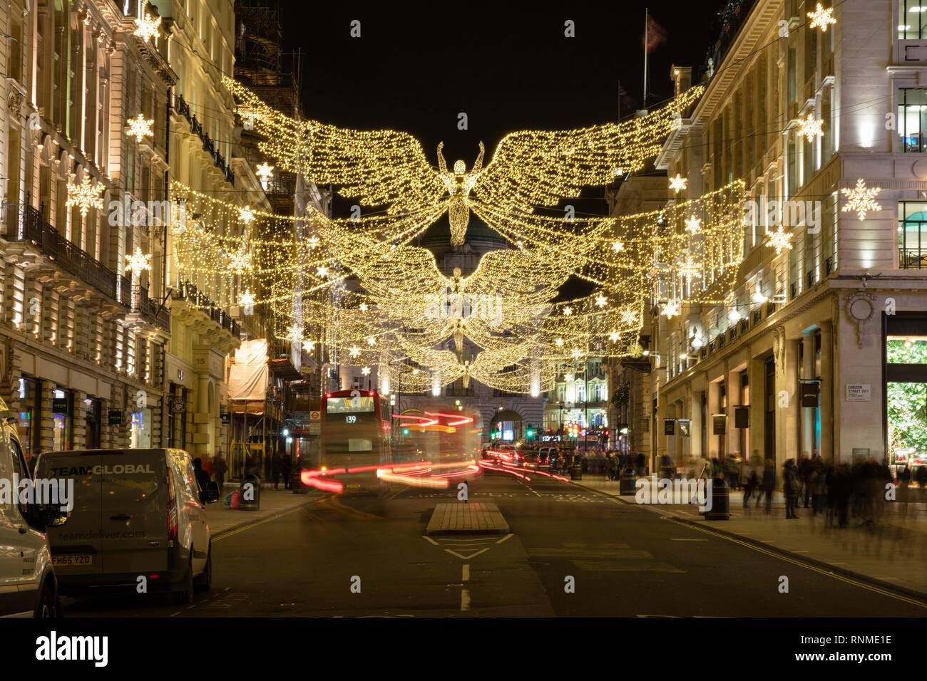 Christmas decoration in Regent Street, night scene, London, England, Great Britain Stock Photo