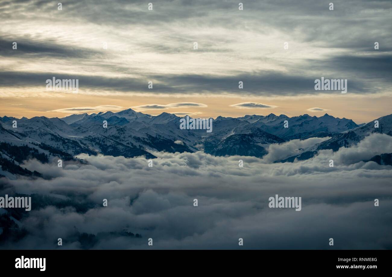 View from Hochbrixen over Brixen im Thale, to main Alpine ridge with Großvenediger, Tyrol, Austria, Europe Stock Photo