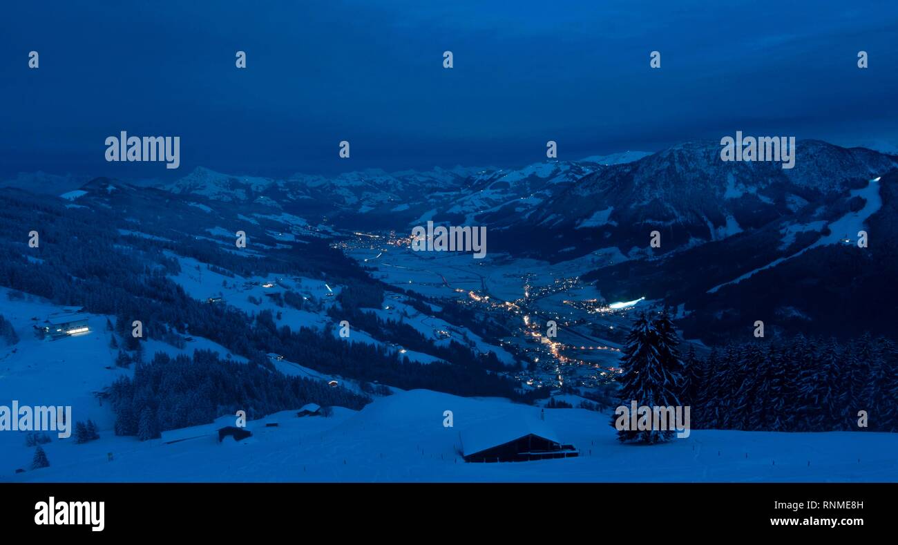 View at dawn from Hochbrixen to Brixen im Thale, Kirchberg and Kitzbühler Alps, Tyrol, Austria Stock Photo