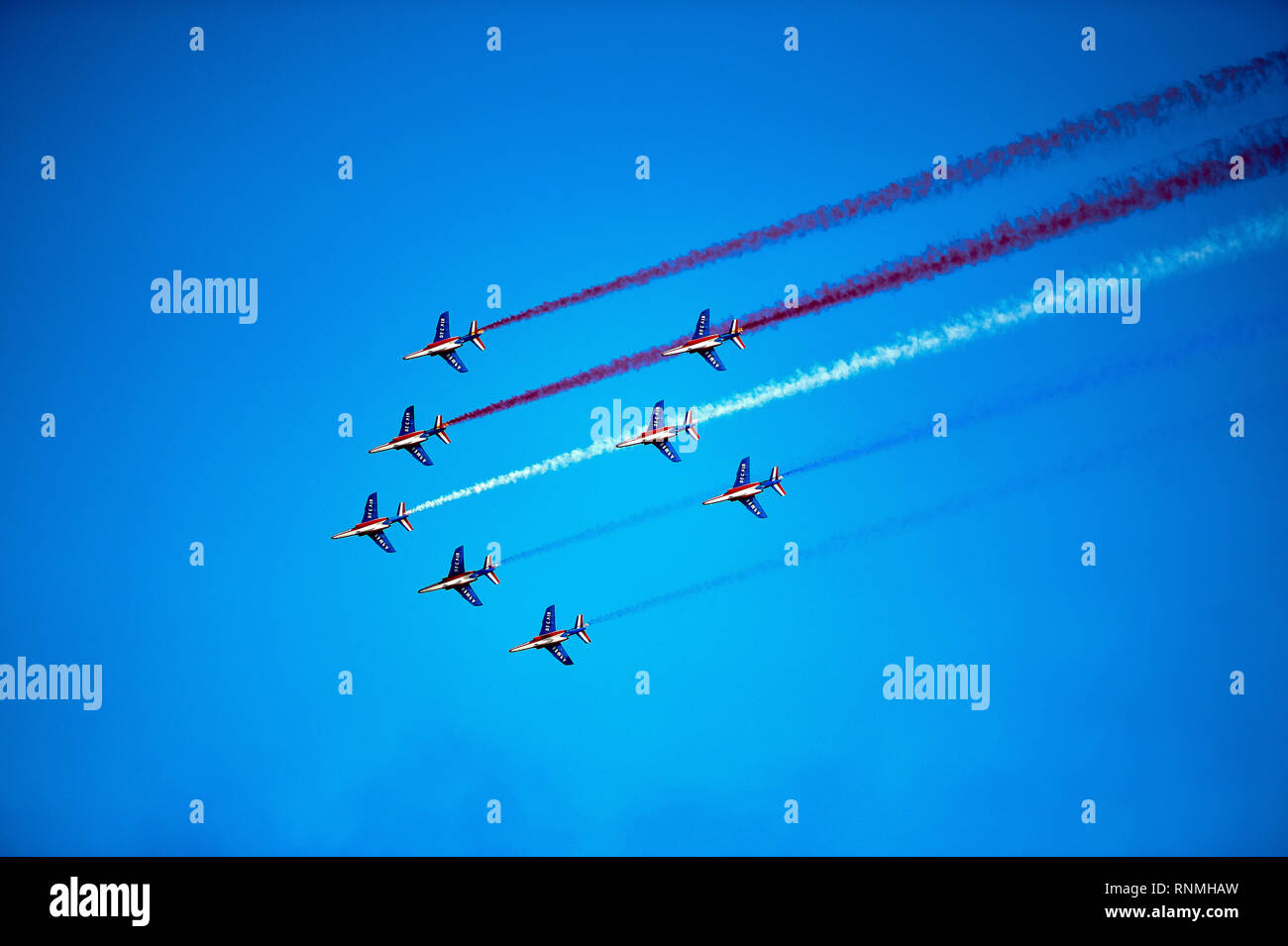Toulon (south-eastern France): training flight of the 'Patrouille de France', precision aerobatic demonstration team for the French Air Force. Dassaul Stock Photo