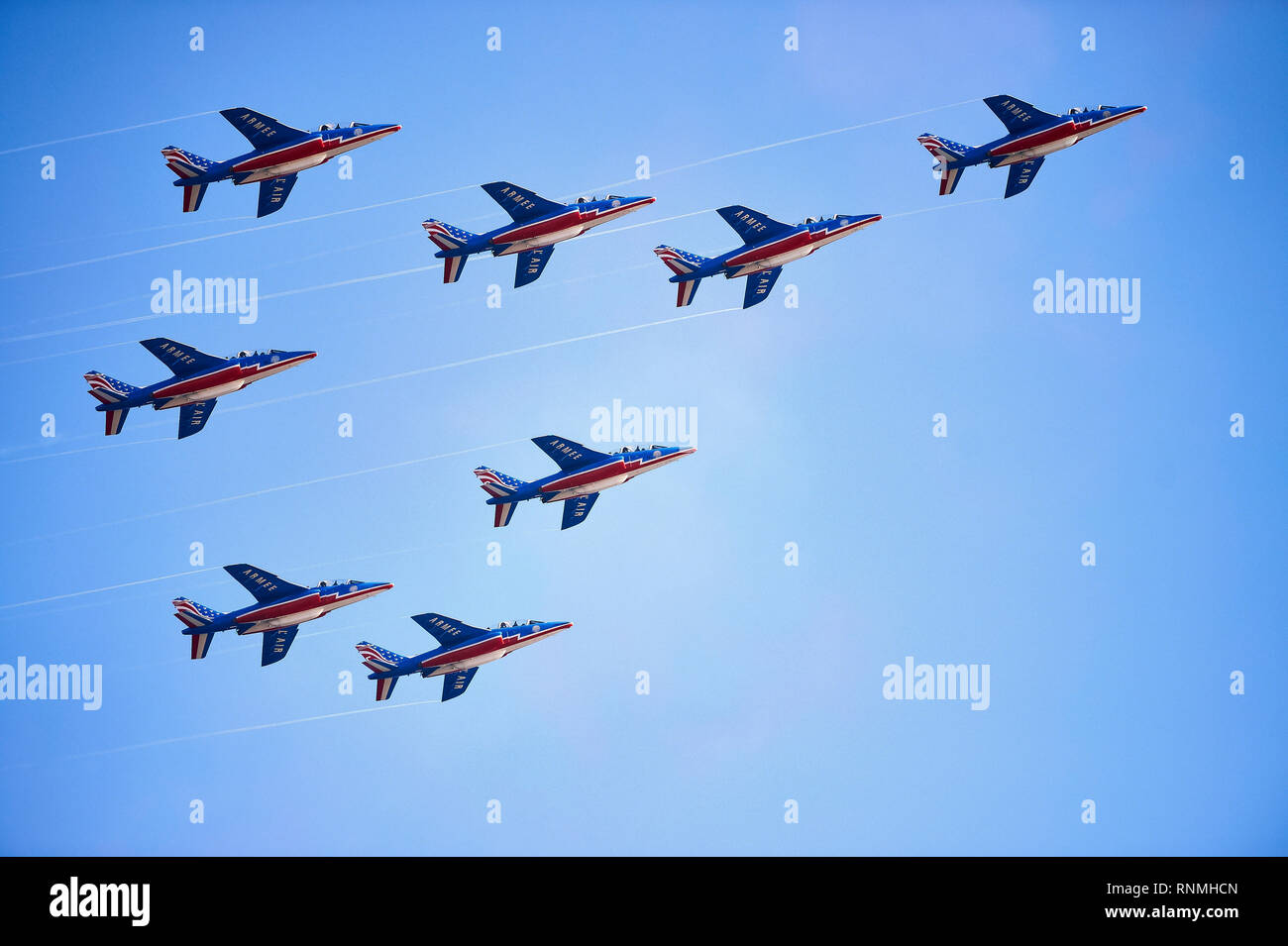 Toulon (south-eastern France): training flight of the 'Patrouille de France', precision aerobatic demonstration team for the French Air Force. Dassaul Stock Photo
