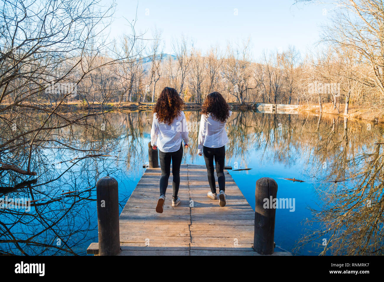 Back view of young twin sisters in same clothes walking on pier on ...