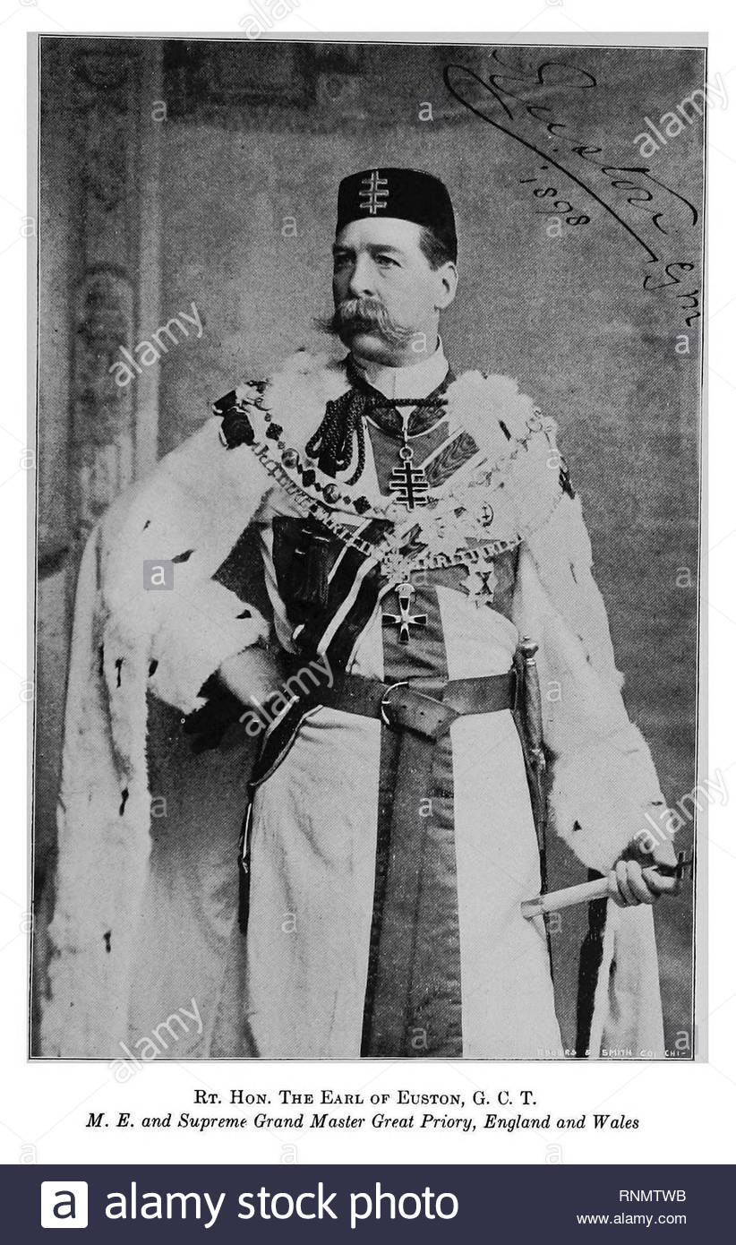 Henry James FitzRoy, Earl of Euston,1848 – 1912, was the eldest son and heir apparent of Augustus FitzRoy, 7th Duke of Grafton. Dressed in Masonic attire, Signed Photograph from 1898. Stock Photo