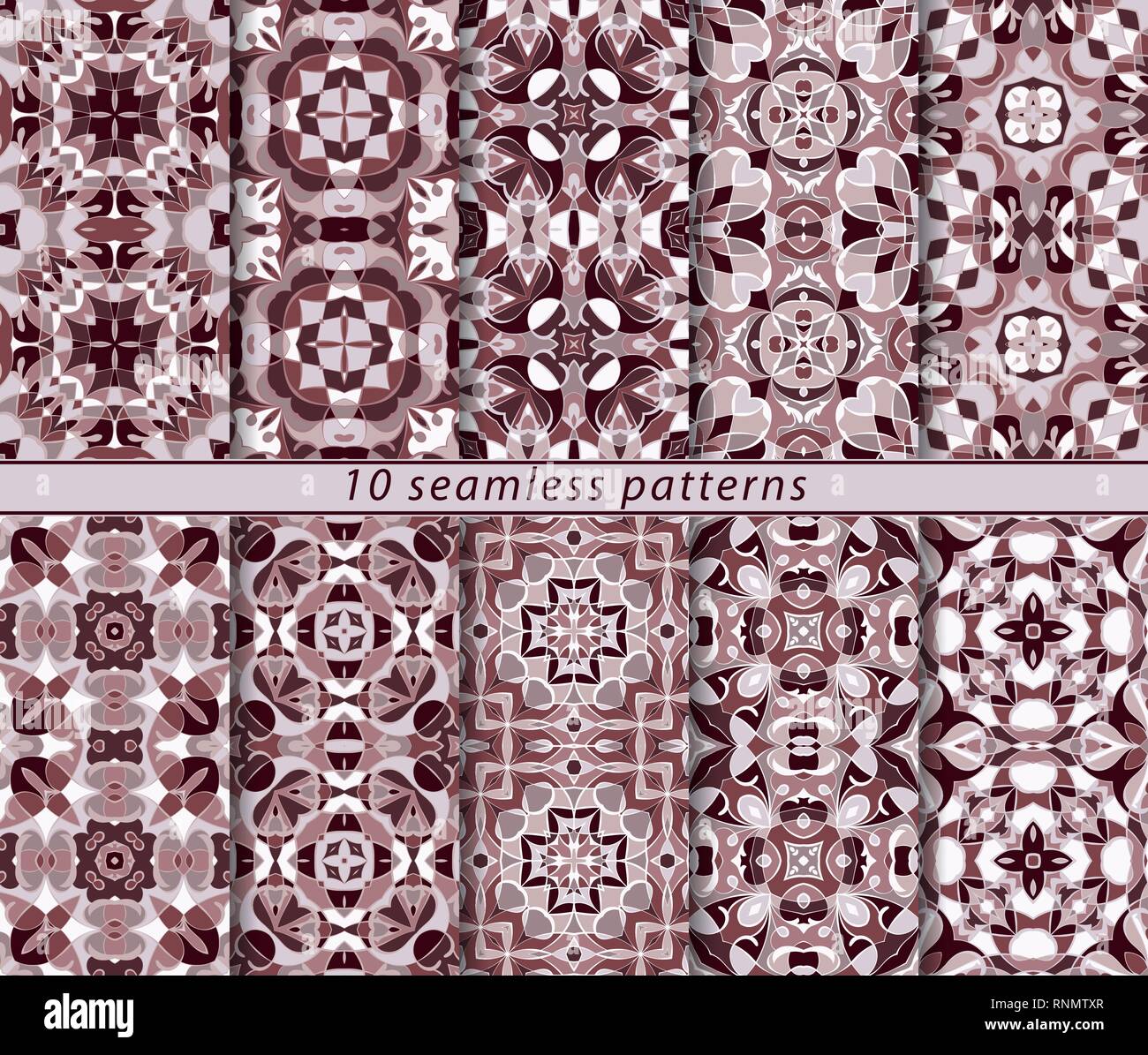 Ten seamless patterns in Oriental style. Eastern ornaments for design fabric, wrapping paper or scrapbooking. Vector illustration in dark red colors. Stock Vector