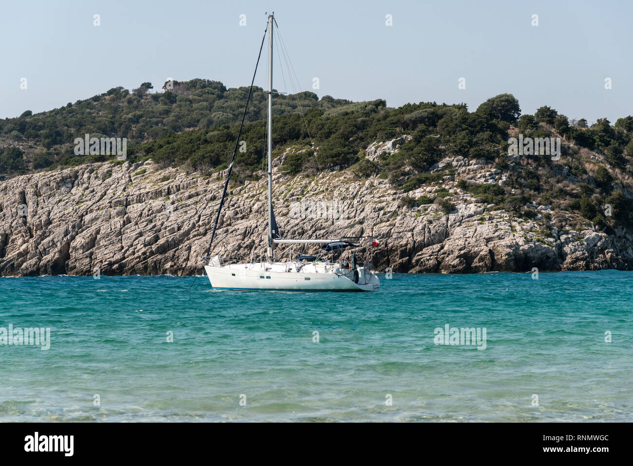 Sailing boat in Voidokilia beach, Messinia, Peloponnese Stock Photo