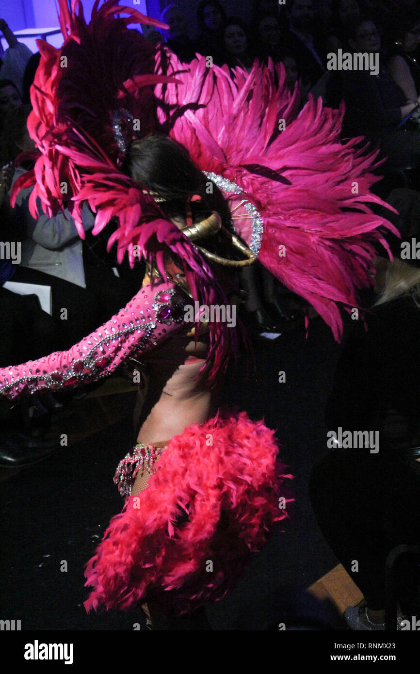 United States. 16th Feb, 2019. Brazilian dancer performs before the parade of Andres Aquino during Couture Fashion week on Saturday at 4W43 Building. Credit: Niyi Fote/Thenews2/Pacific Press/Alamy Live News Stock Photo