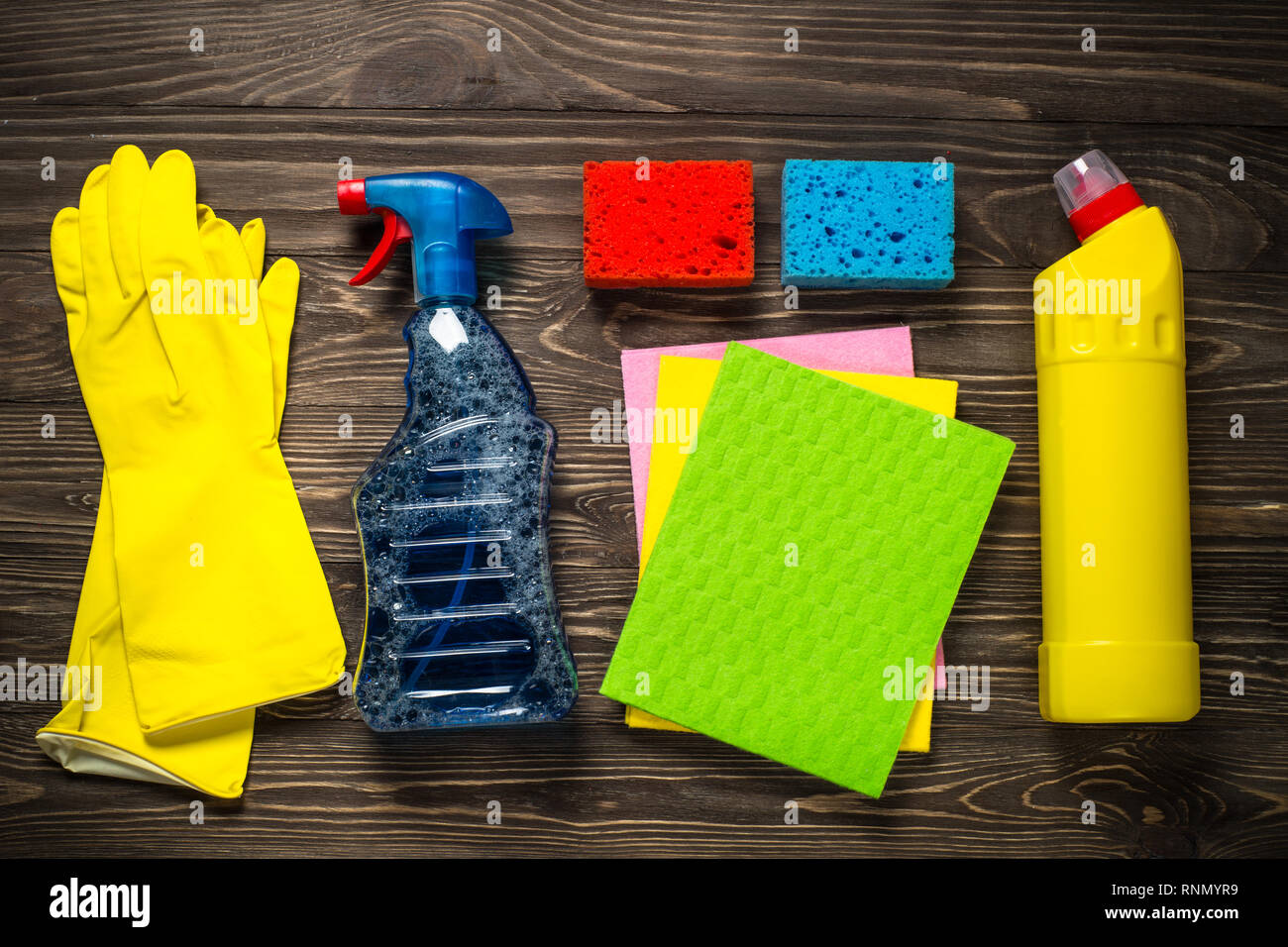 Cleaning product, household wooden table top view. Stock Photo