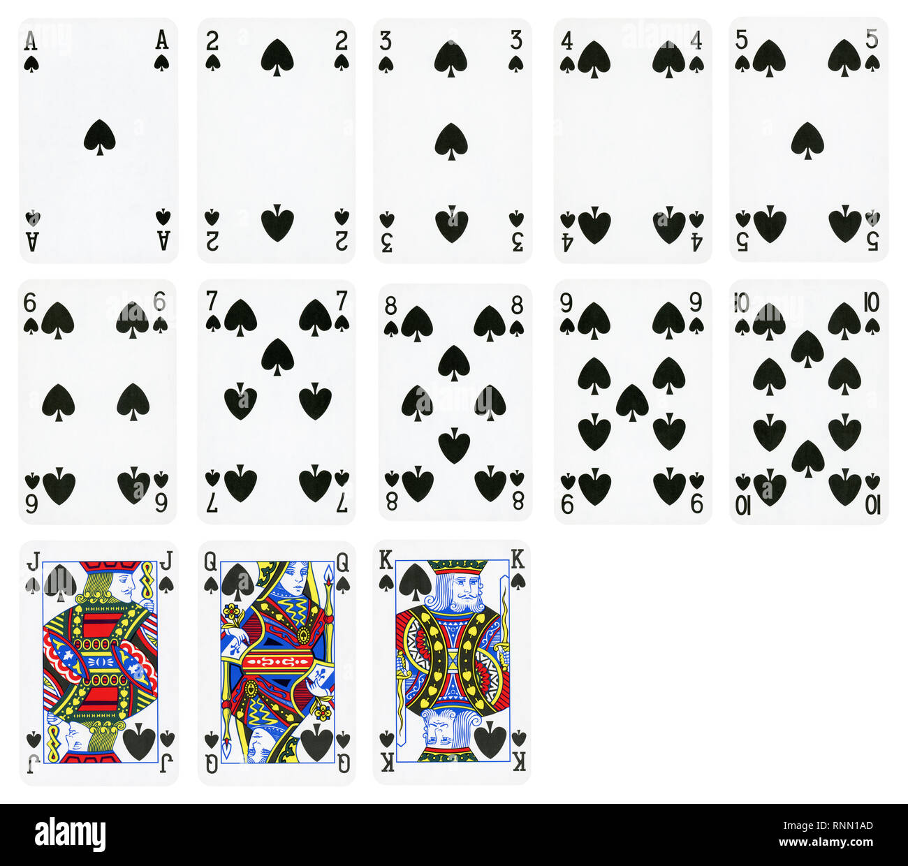 Playing cards of Spades suit, isolated on white background - High quality. Stock Photo
