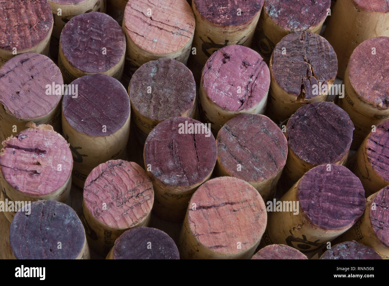 An exhibition of different corks made with wine bottle corks Stock Photo