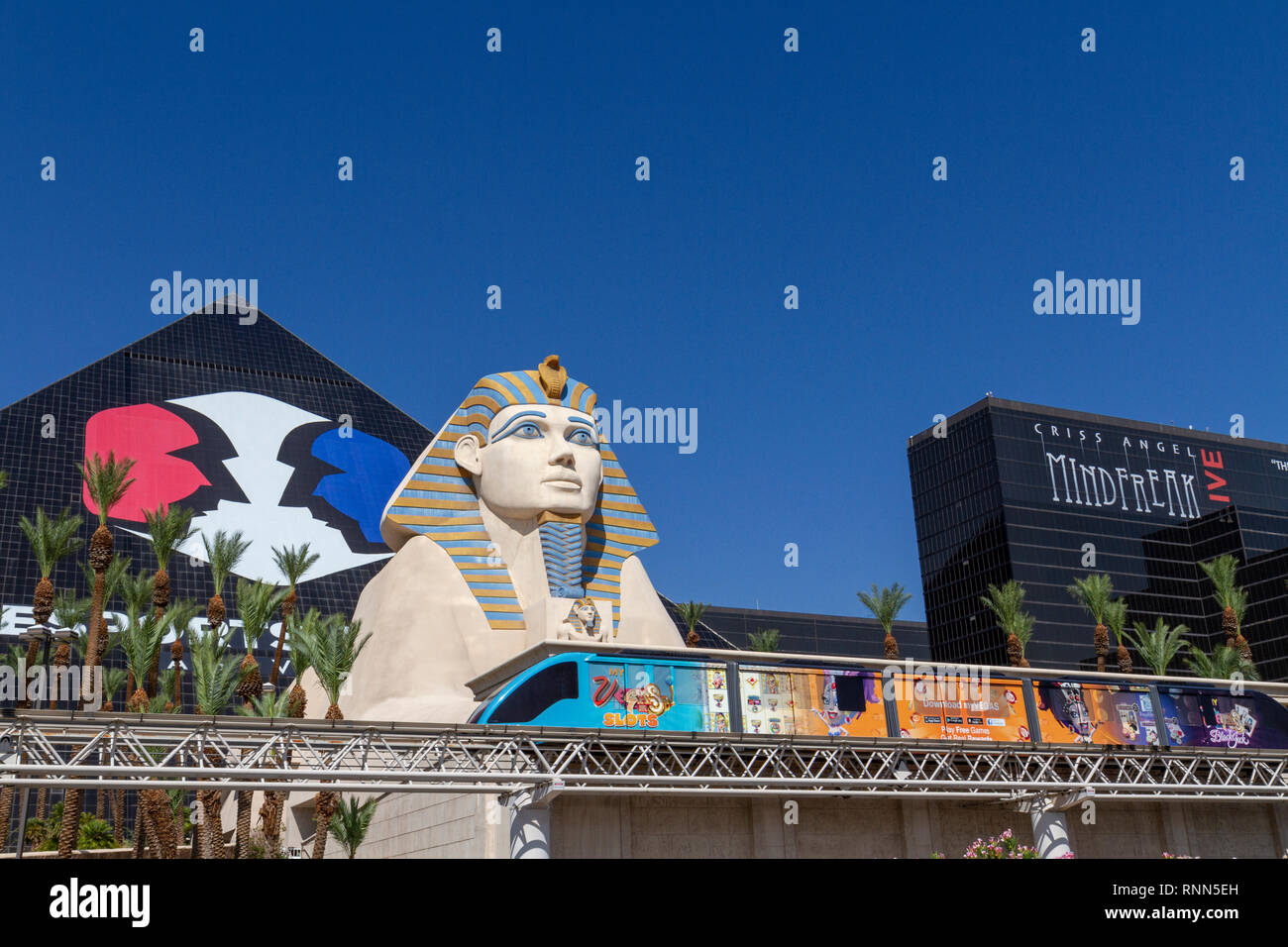 The Mandalay Bay Tram stopping under the Sphinx outside the Luxor Hotel, Las Vegas (City of Las Vegas), Nevada, United States. Stock Photo