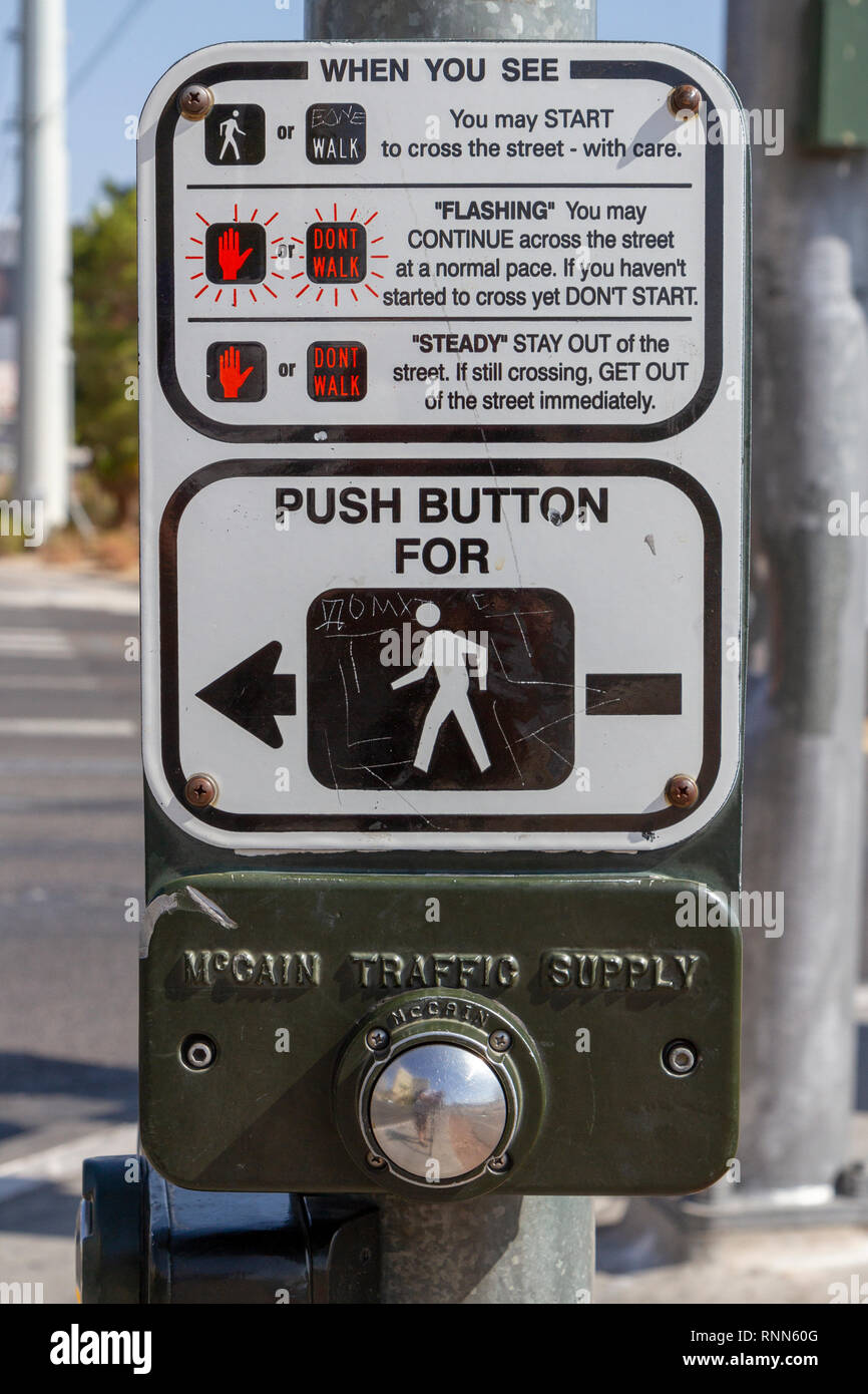 A typical pedestrian crossing information and Push Button set up, The Strip, Las Vegas, Nevada, United States. Stock Photo