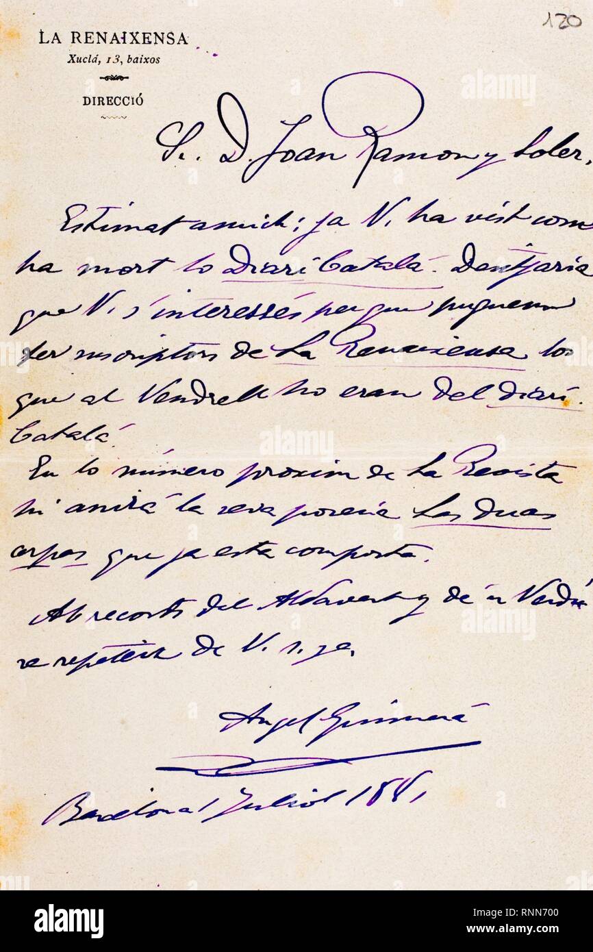 Carta d'Àngel Guimerà a Joan Ramon i Soler. Stock Photo