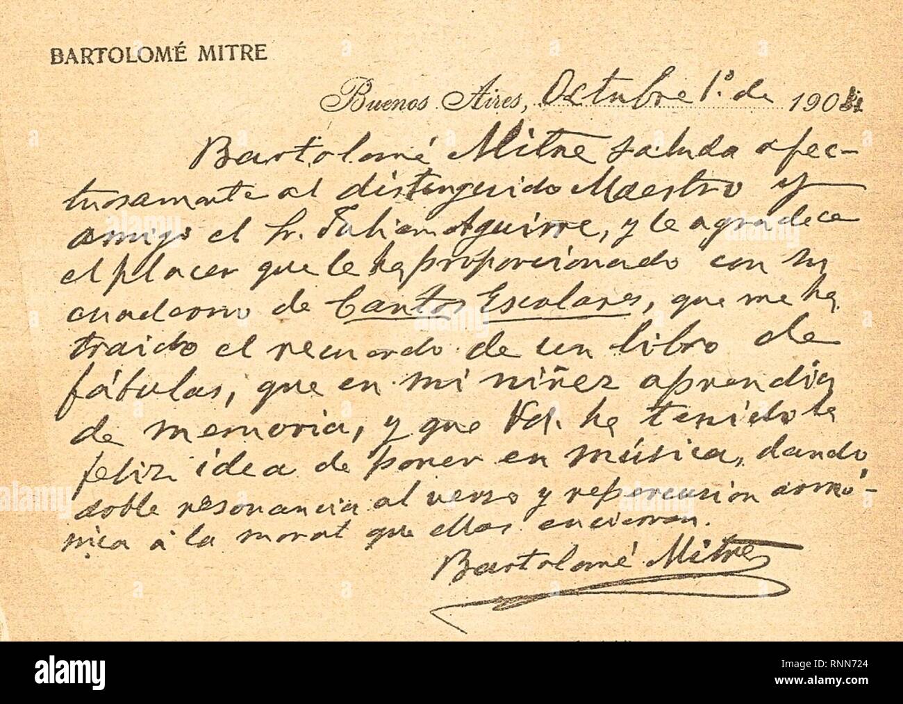 Carta de Mitre a Julián Aguirre. Stock Photo