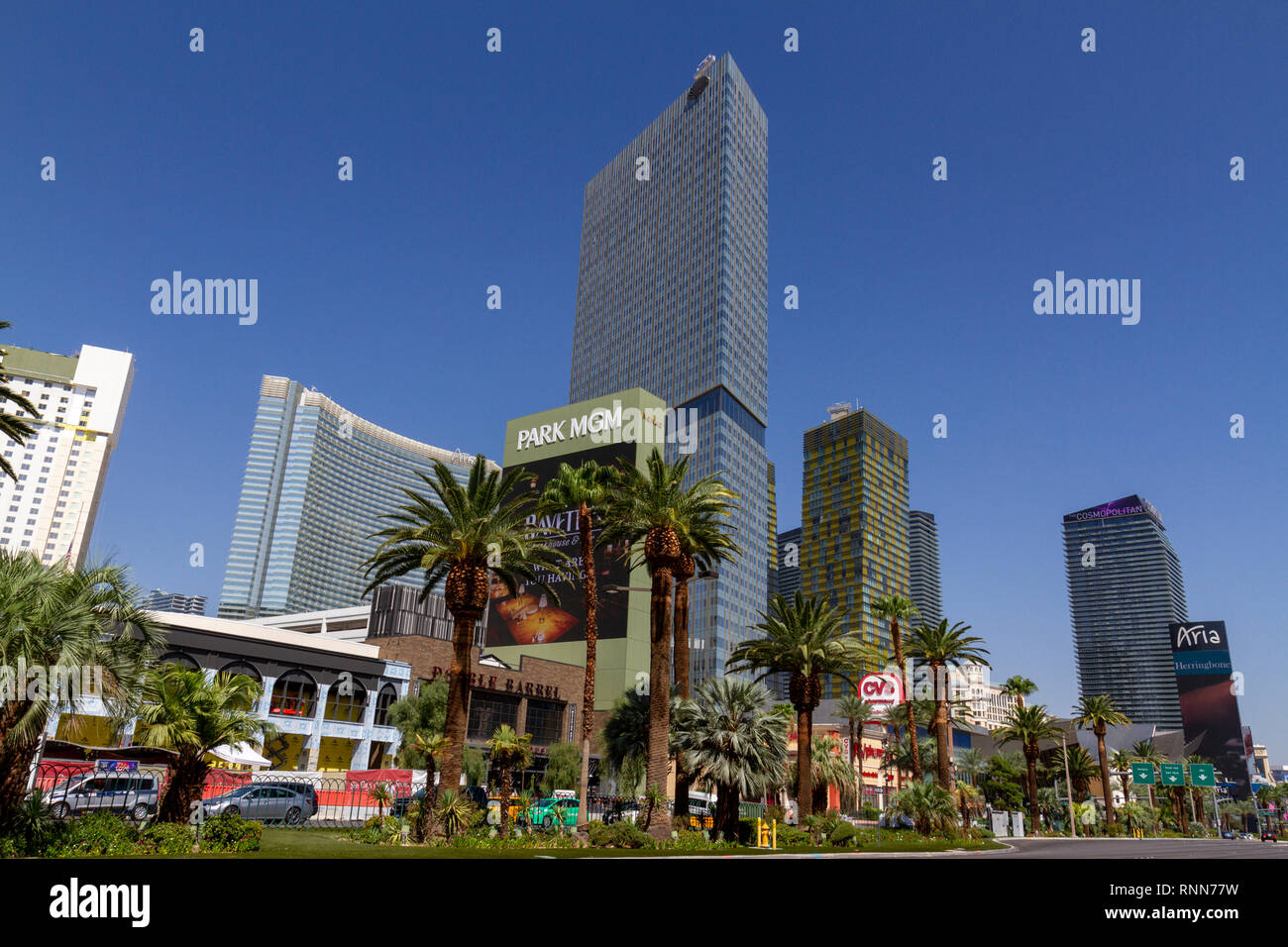 Looking up at part of The Strip (inc the Mandarin Oriental and Cosmopolitan hotels), Las Vegas, Nevada, United States. Stock Photo
