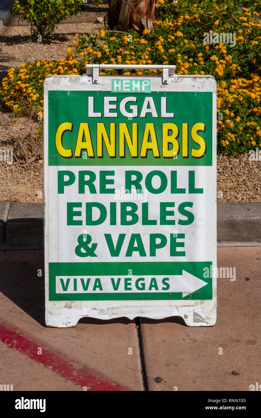 Sidewalk advert for a legal cannabis store on The Strip, Las Vegas, Nevada, United States. Stock Photo