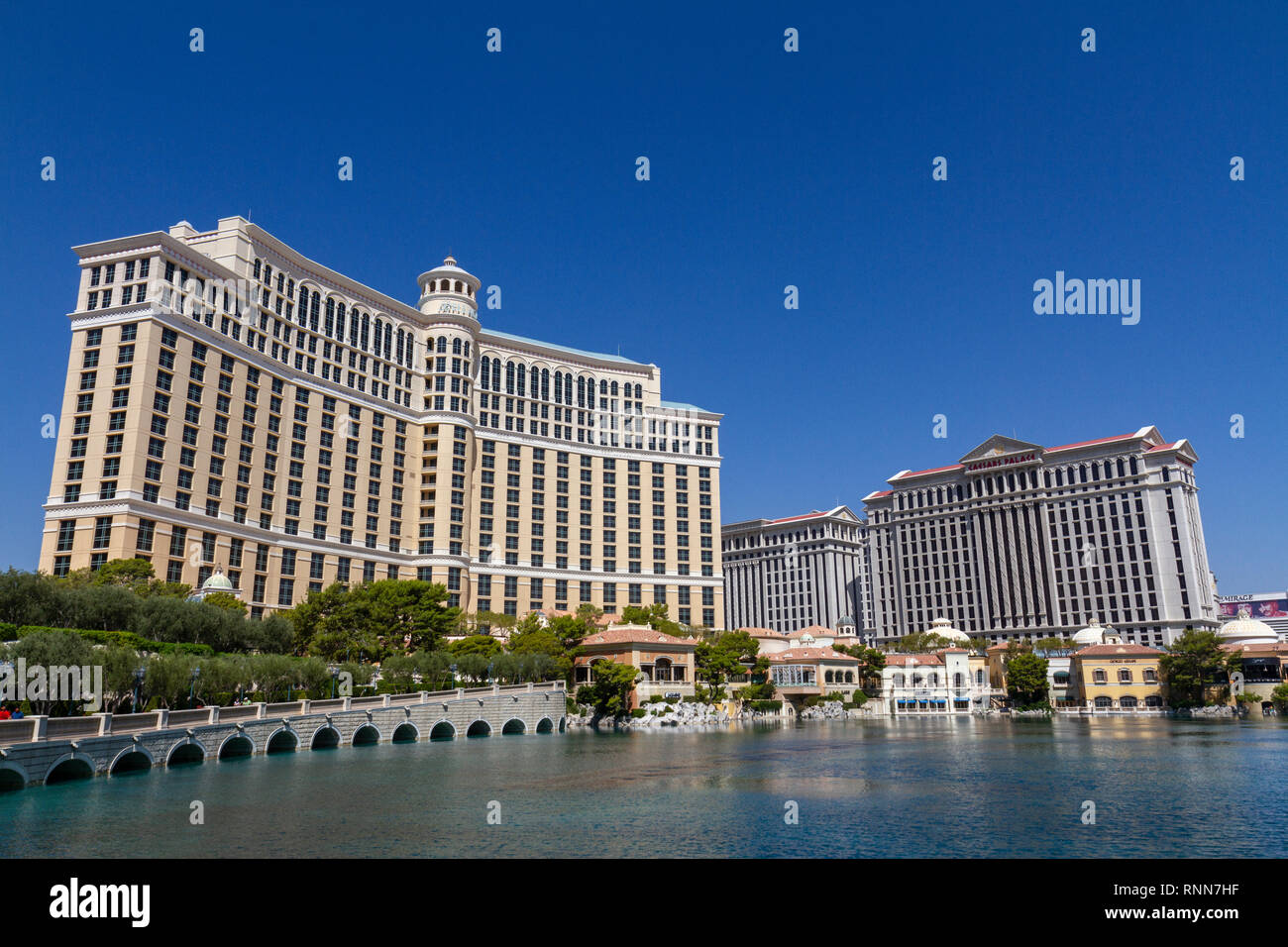 The Bellagio Hotel and Casino and Caesars Palace Las Vegas Hotel & Casino, Las Vegas (City of Las Vegas), Nevada, United States. Stock Photo