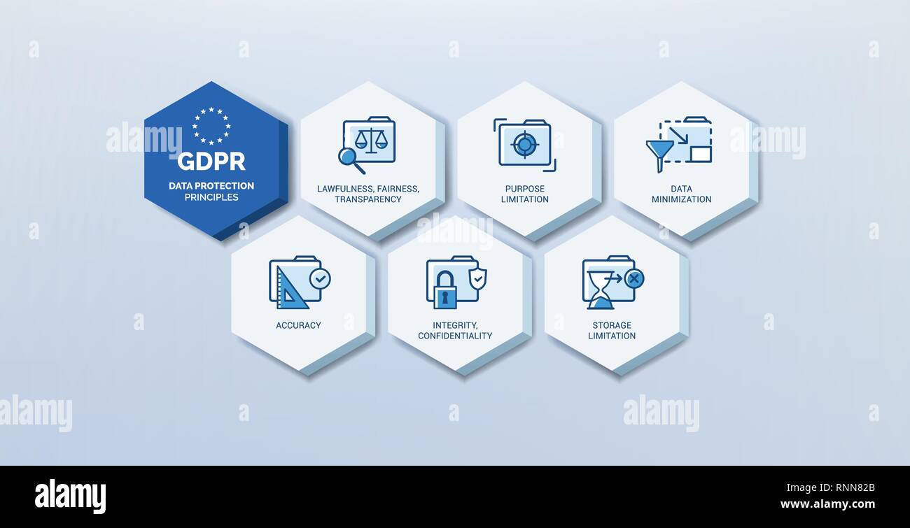 General data protection regulation (GDPR) icons set: data safety principles Stock Vector