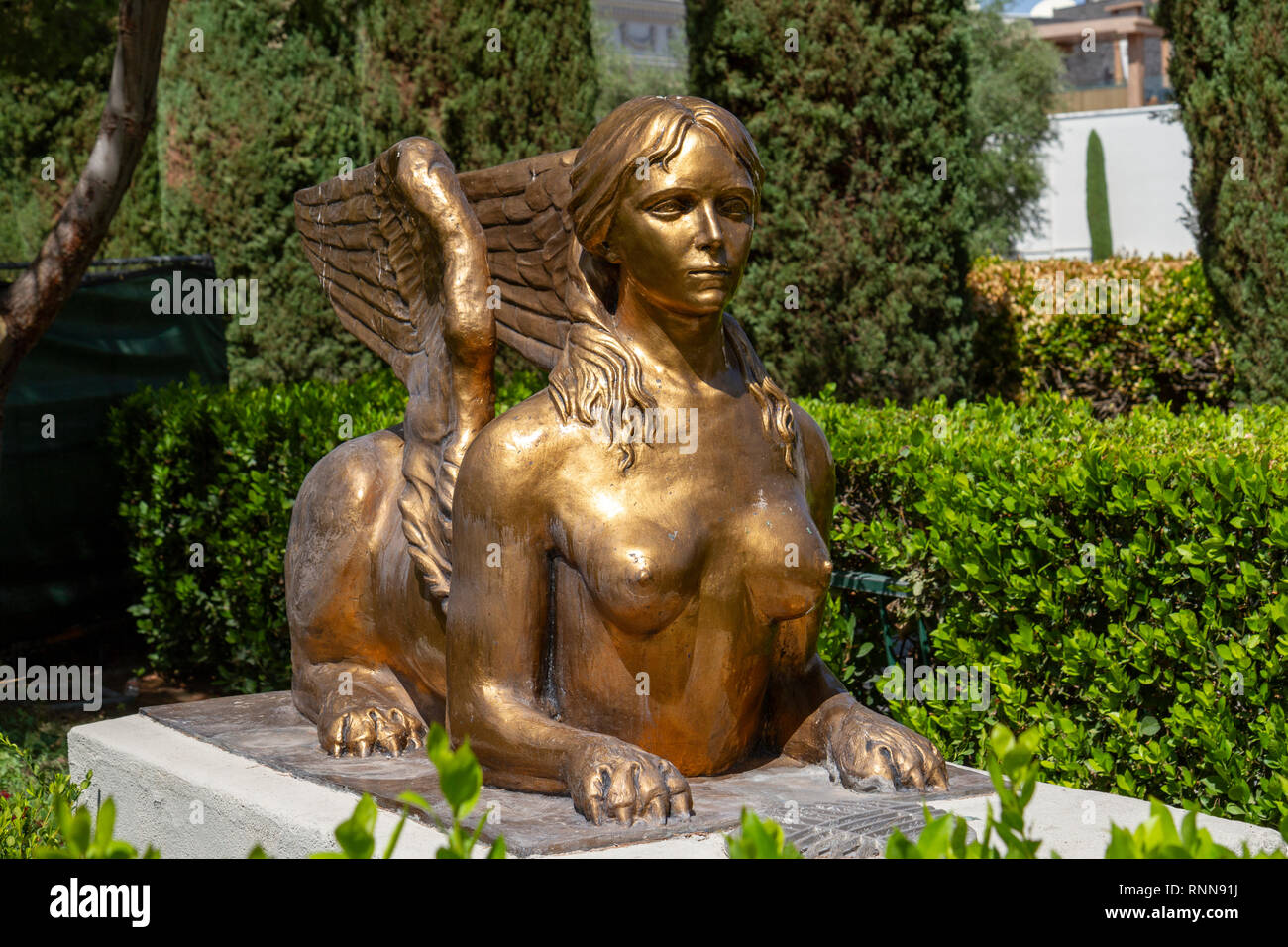 Winged lion woman figure at the entrance to Caesars Palace casino on The Strip, Las Vegas, Nevada, United States. Stock Photo