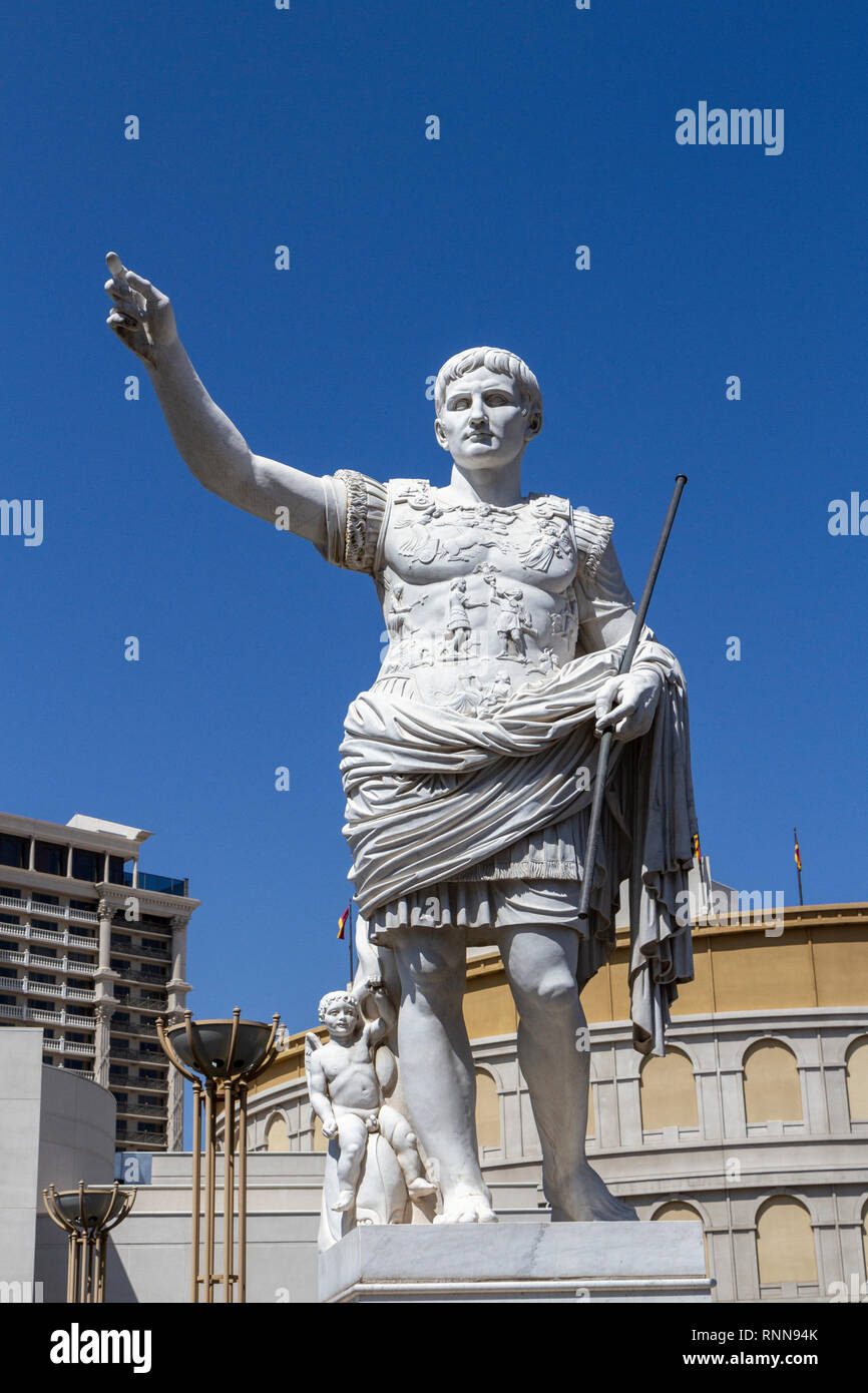 Statue of Caesar which stands at the entrance to Caesars Palace Hotel & Casino on The Strip, Las Vegas, Nevada, United States. Stock Photo