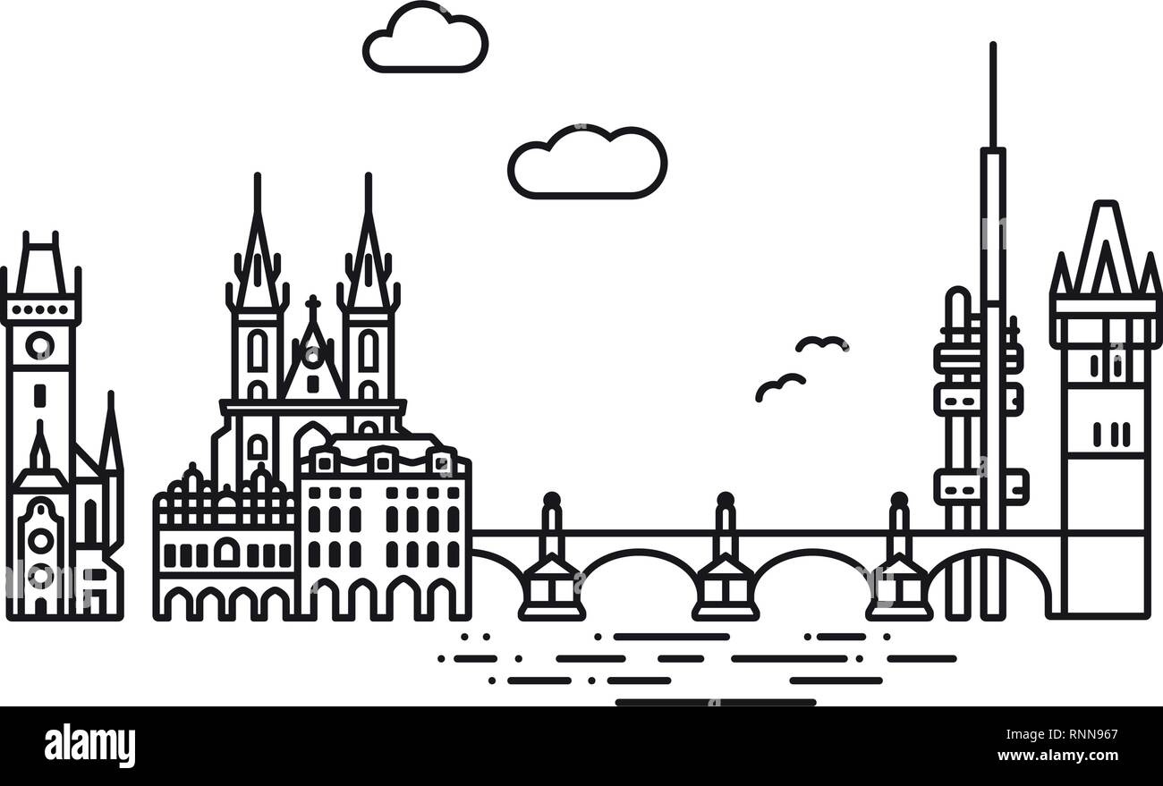 Line Icon style Prague cityscape and landmarks flat vector illustration ...