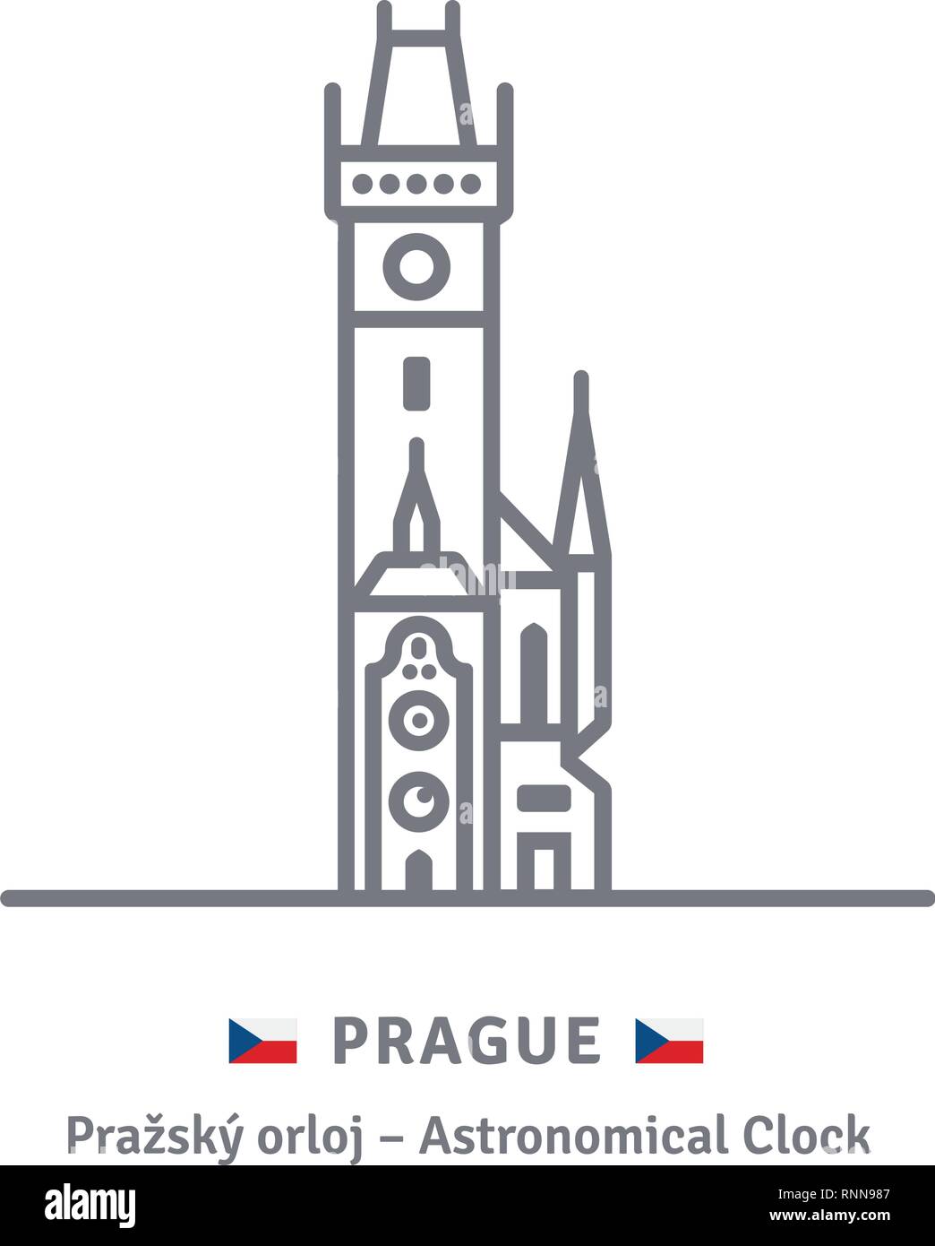 Czechia landmark line icon. Astronomical clock at old Town Hall and Czech flag vector illustration. Stock Vector